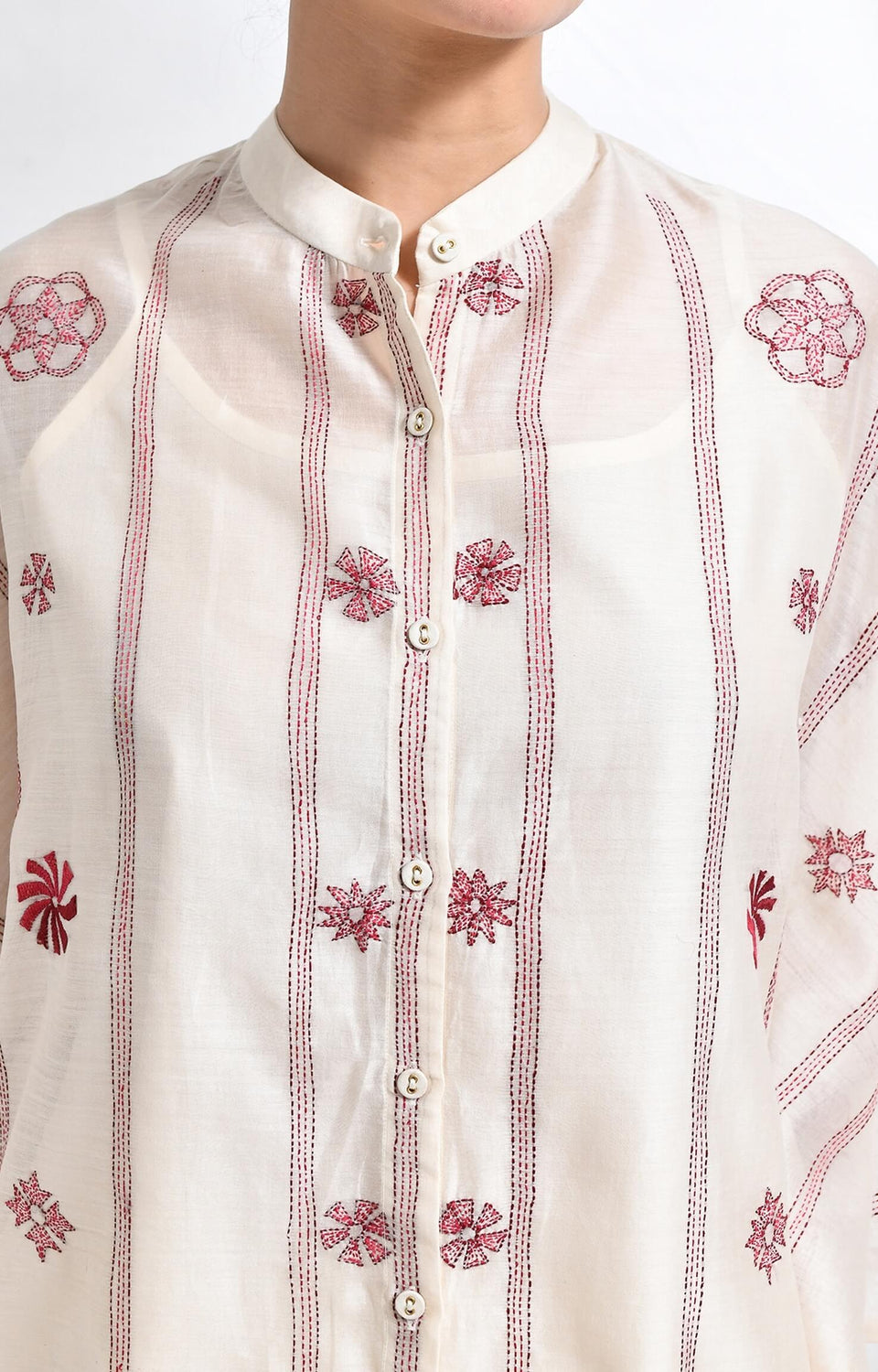 Pearl-white embroidered chanderi silk kaftan co-ord set – Hiranya