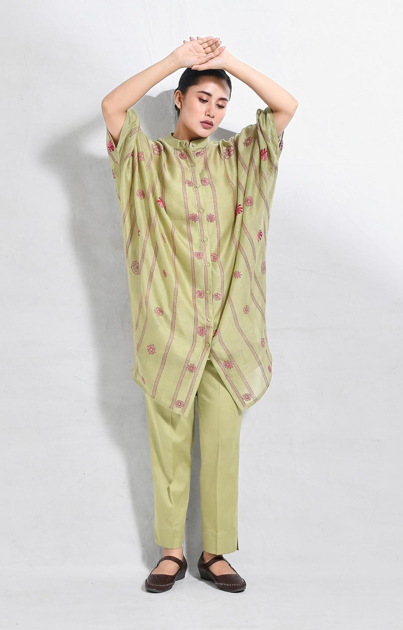 Green embroidered chanderi silk kaftan co-ord set – Hiranya