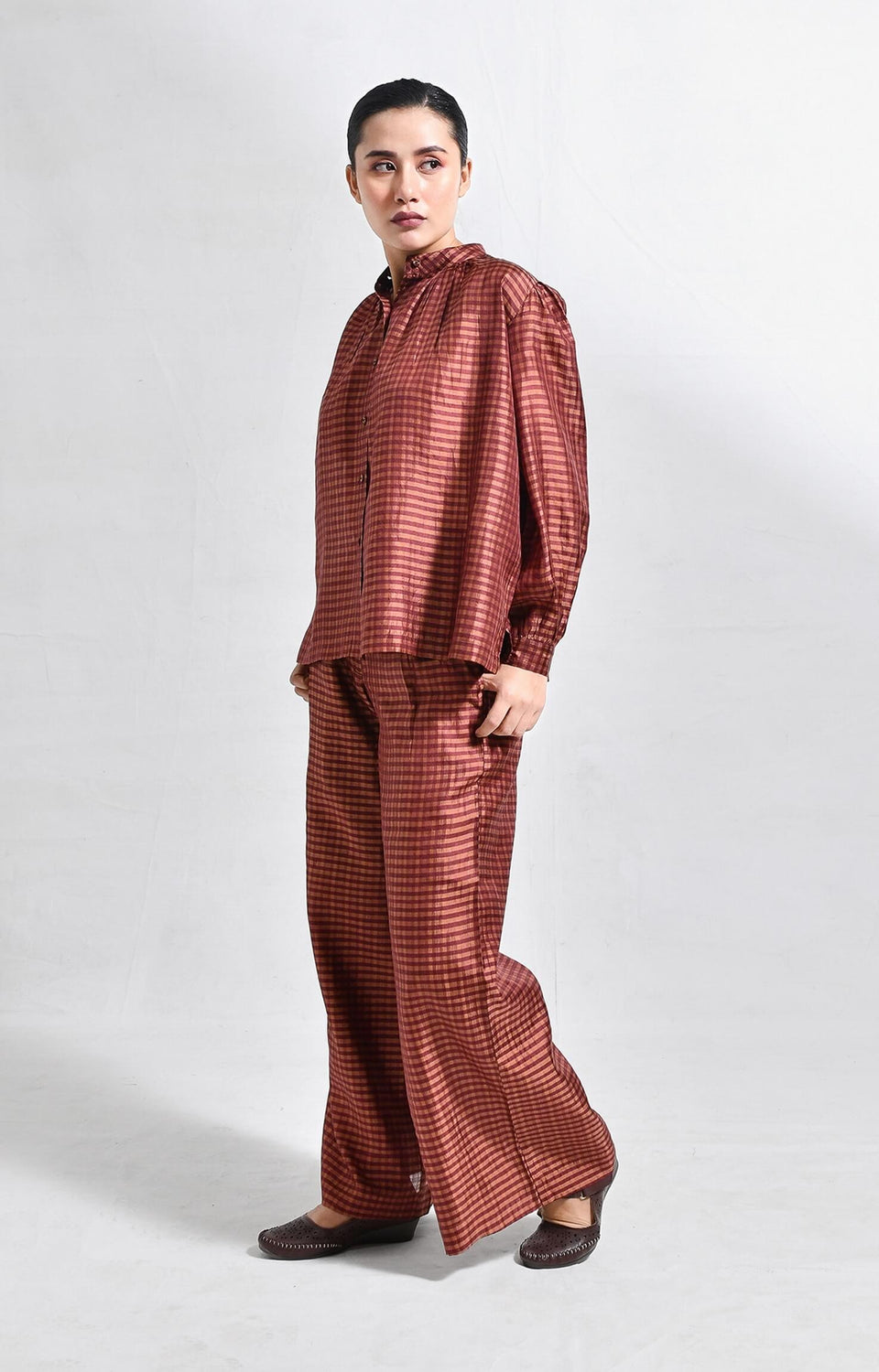 Brown Bangalore silk lounge co-ord set for women by Hiranya