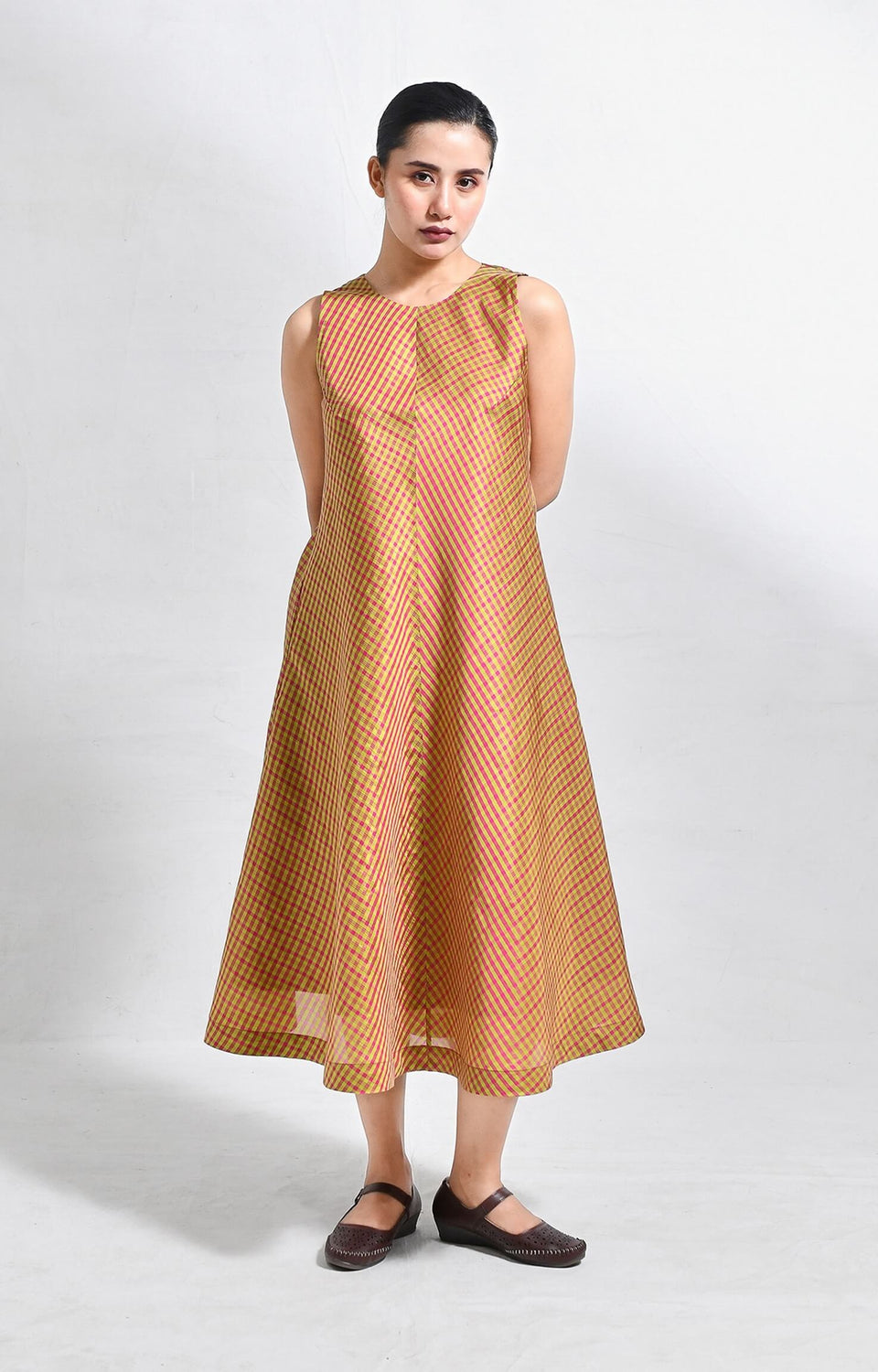 Sleeveless Bangalore silk checks A-line dress in classic woven pattern