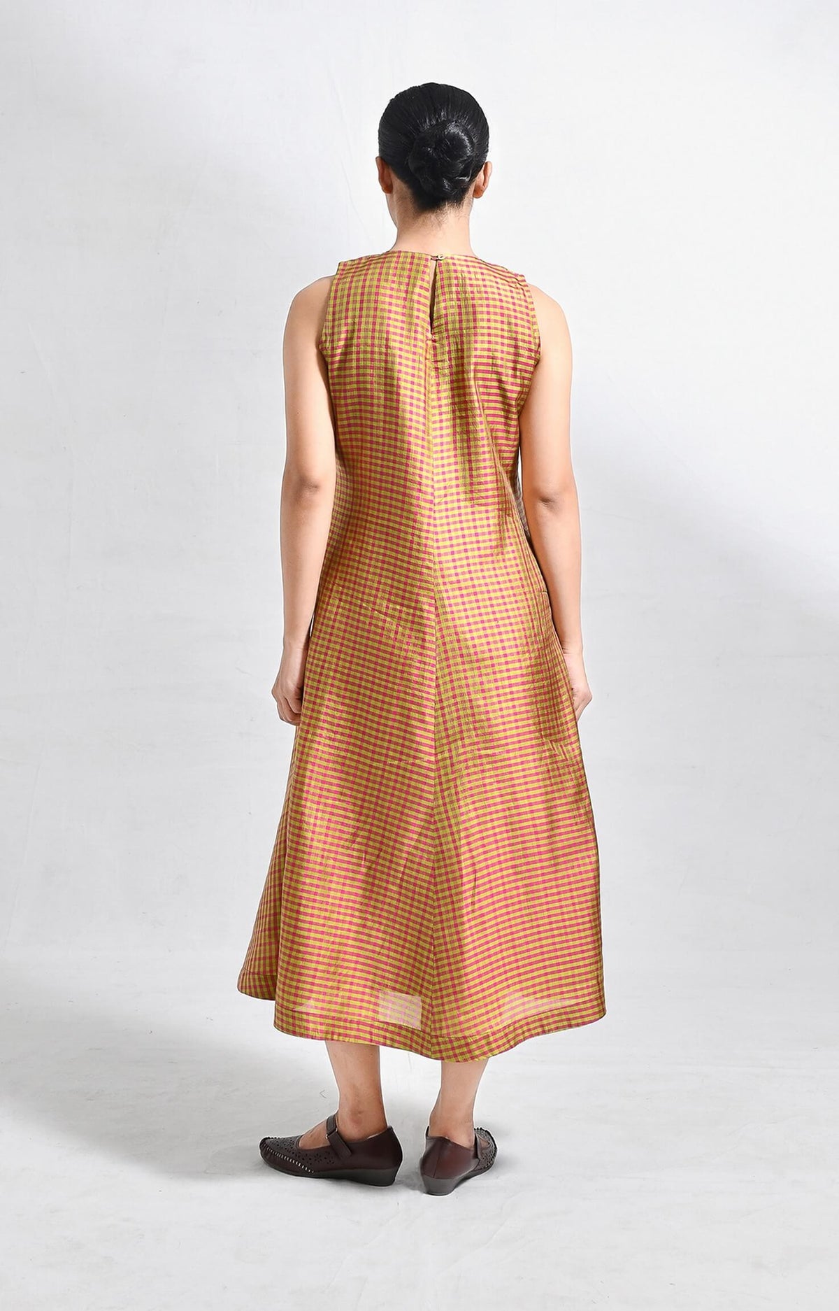 Sleeveless Bangalore silk checks A-line dress in classic woven pattern