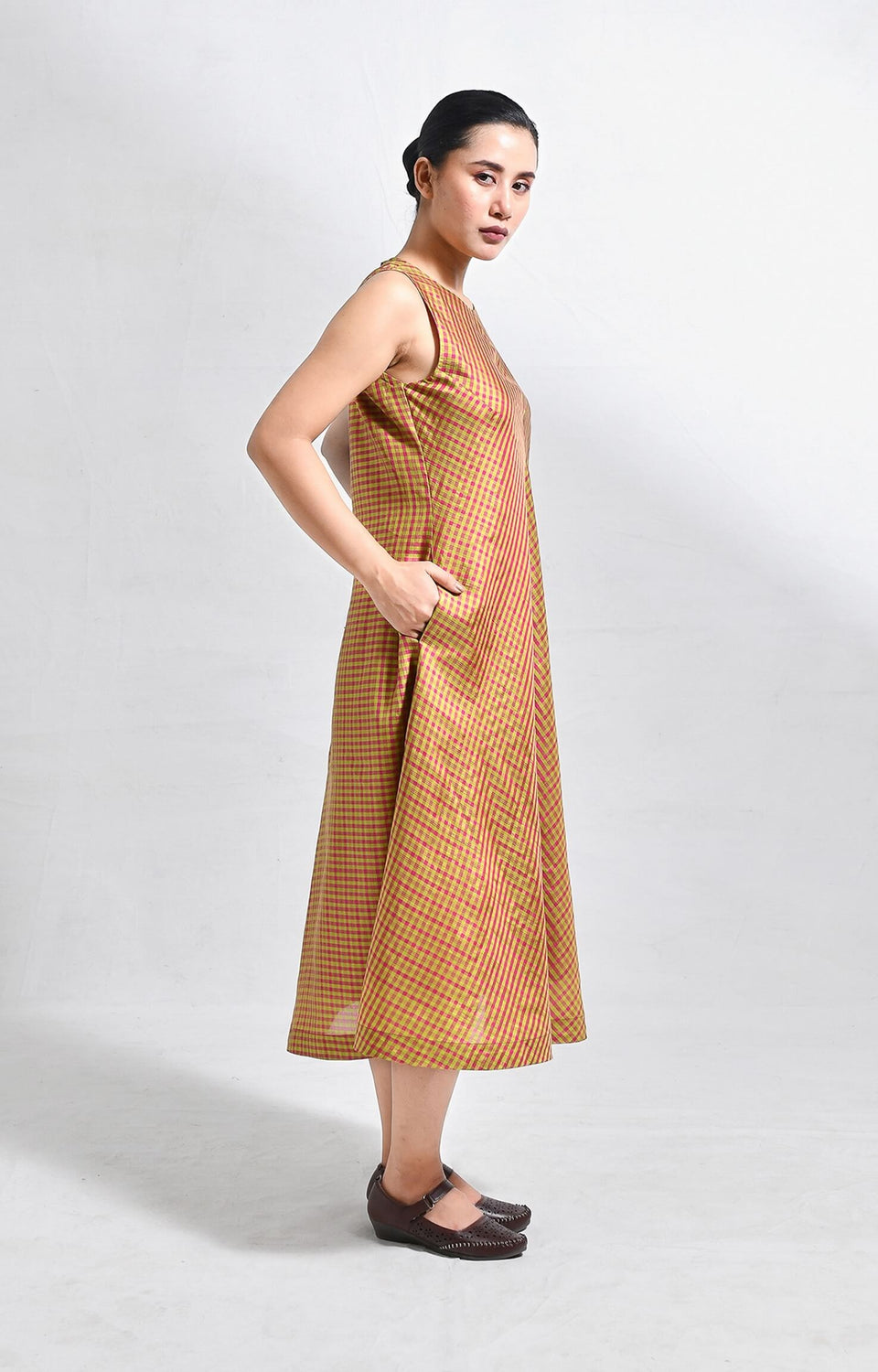 Sleeveless Bangalore silk checks A-line dress in classic woven pattern