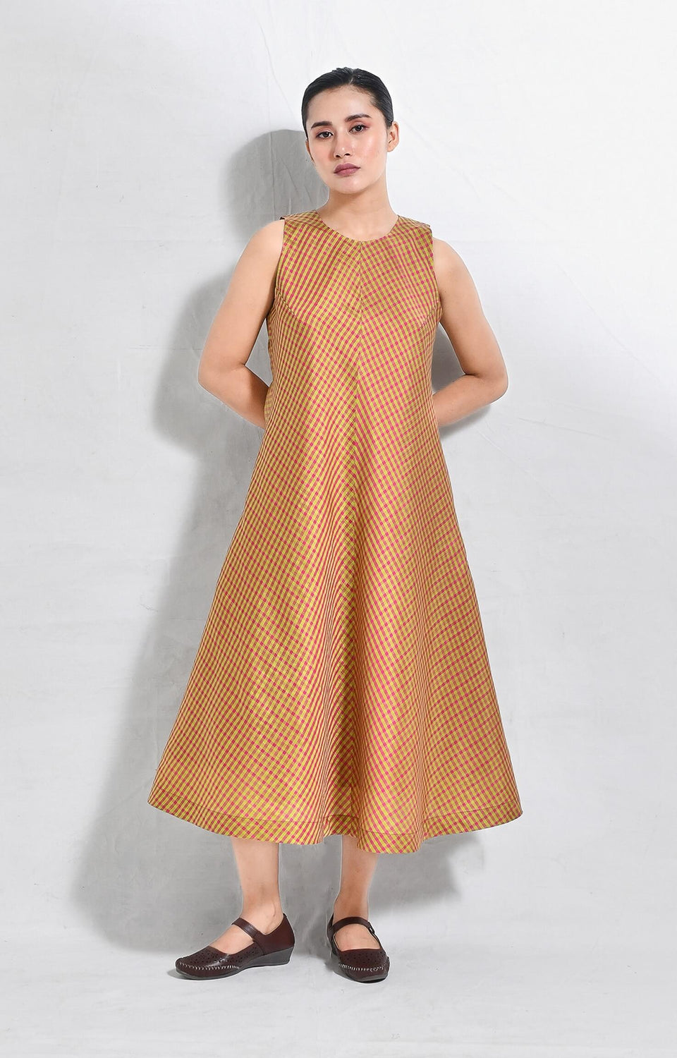 Sleeveless Bangalore silk checks A-line dress in classic woven pattern