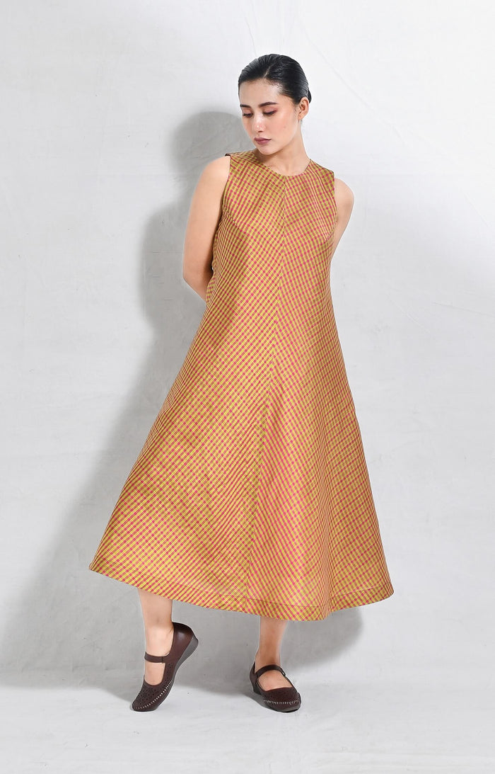 Sleeveless Bangalore silk checks A-line dress in classic woven pattern