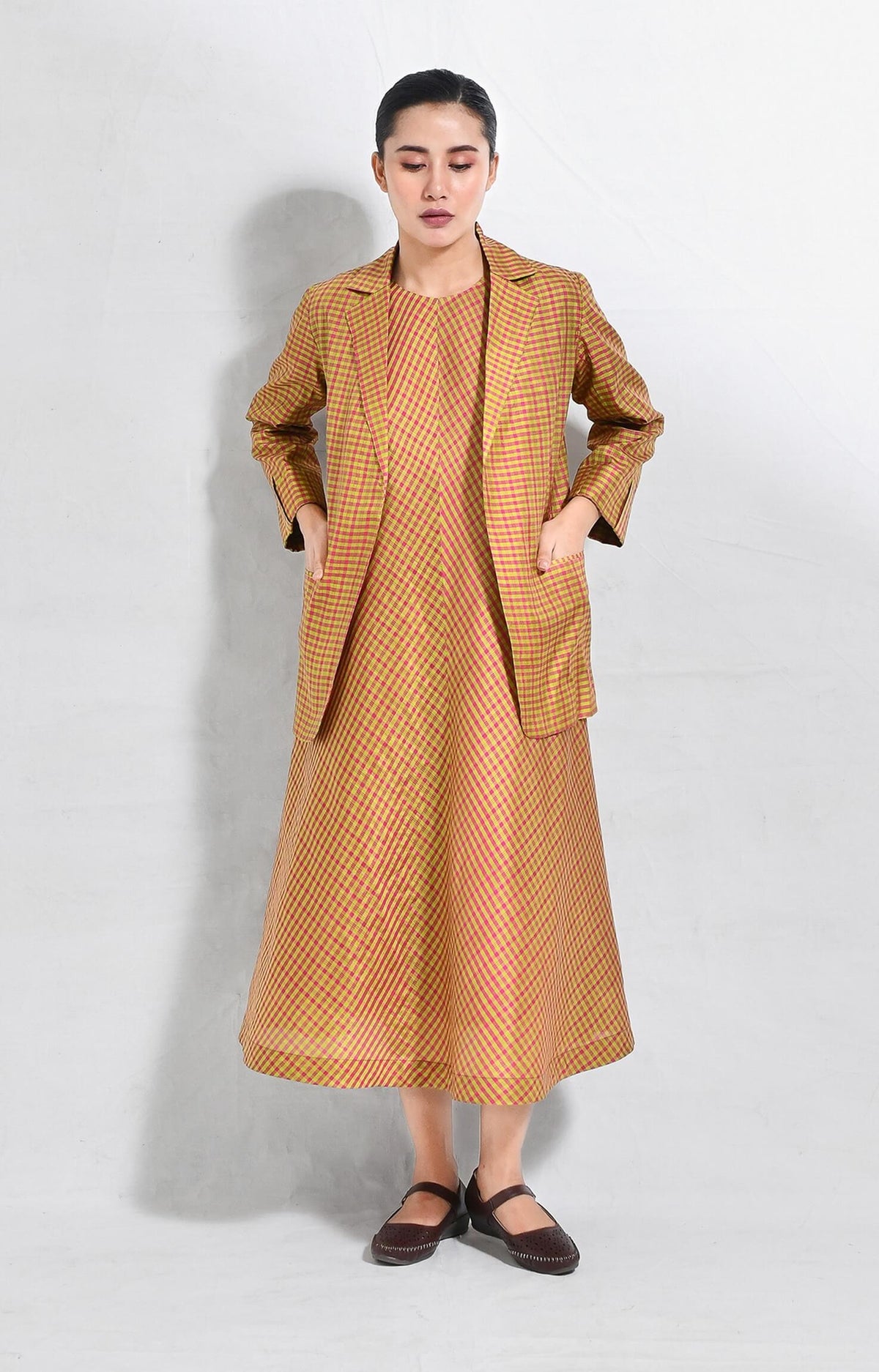 Monette Silk Dress with Lumen Blazer- Pink & Olive