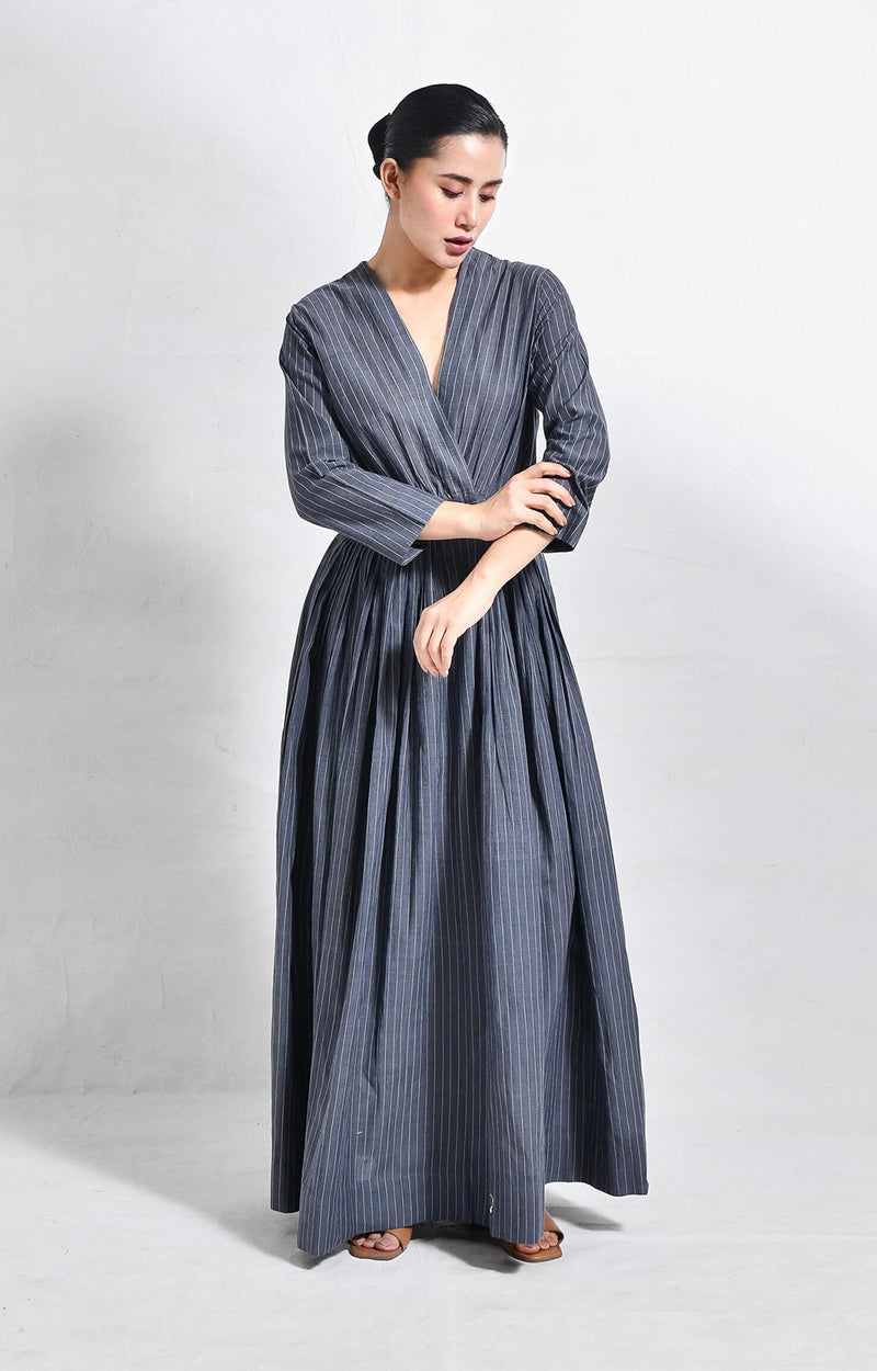 Charcoal khadi striped wrap dress for women – Handloom dresses