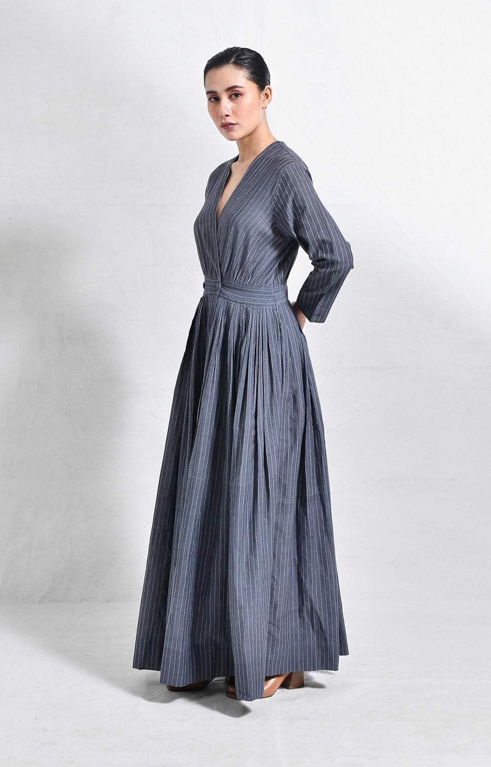 Charcoal khadi striped wrap dress for women – Handloom dresses