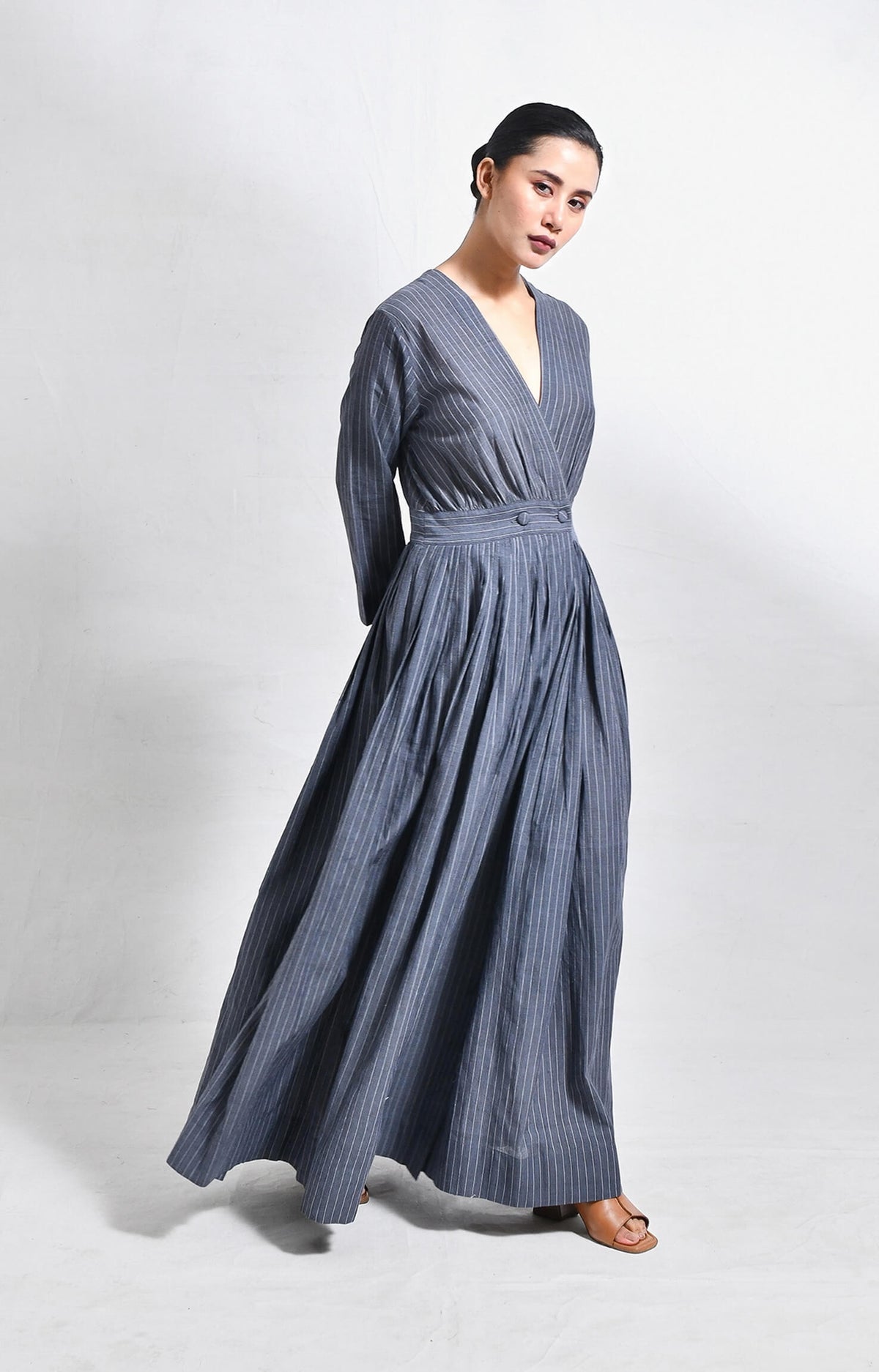 Charcoal khadi striped wrap dress for women – Handloom dresses
