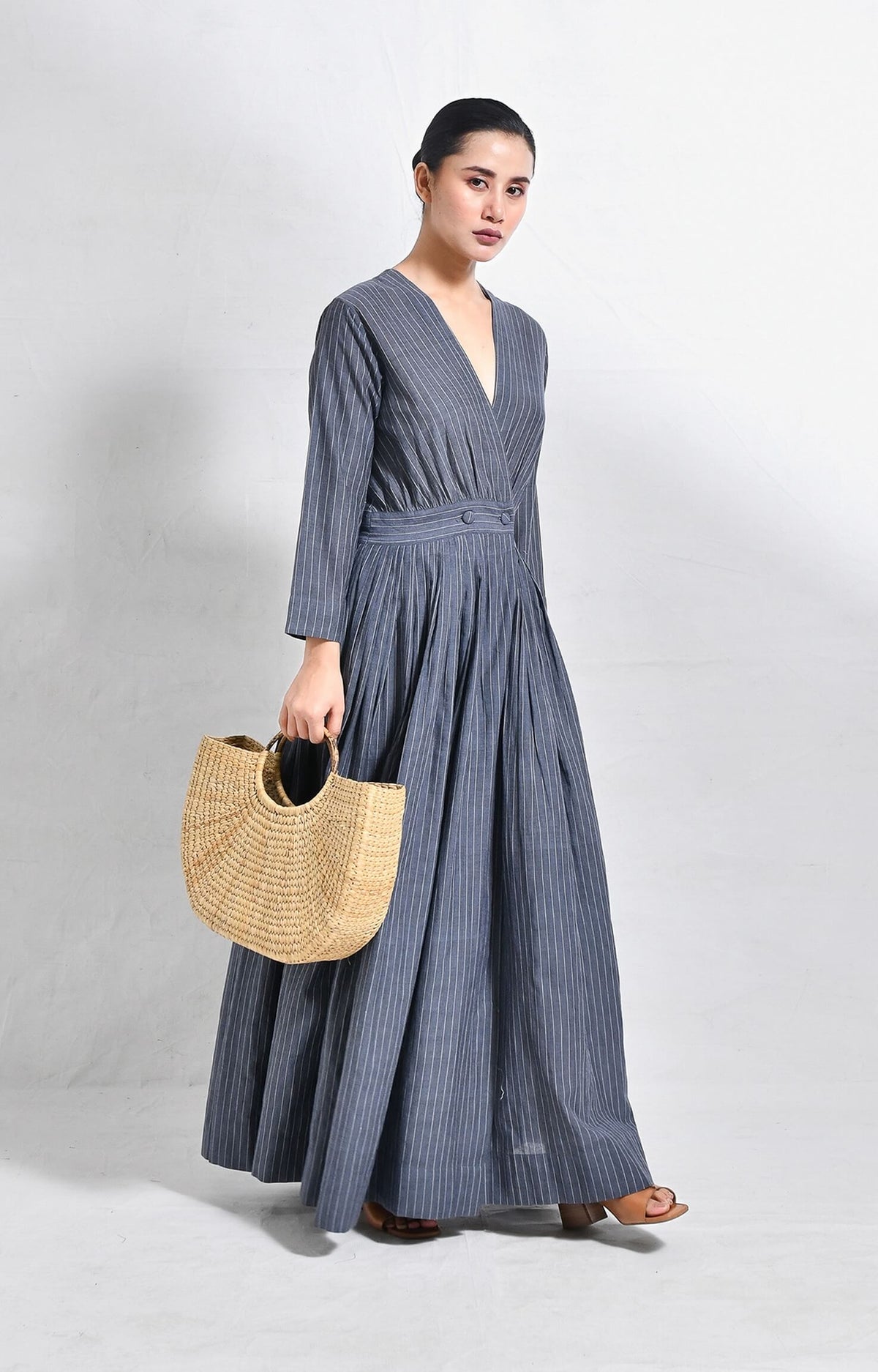 Charcoal khadi striped wrap dress for women – Handloom dresses