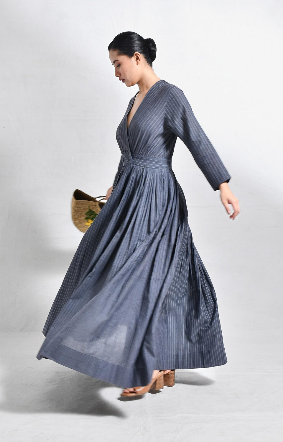 Charcoal khadi striped wrap dress for women – Handloom dresses