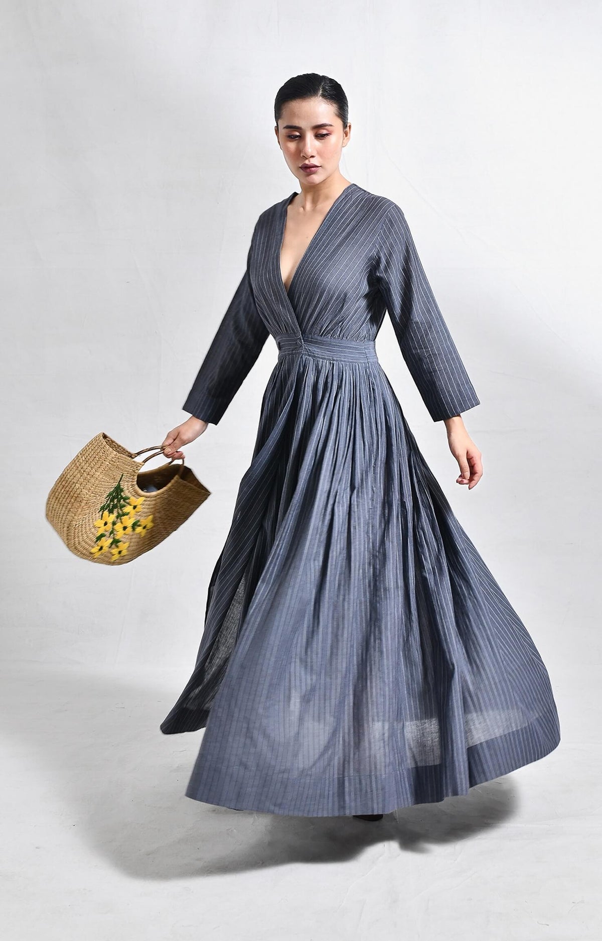 Charcoal khadi striped wrap dress for women – Handloom dresses