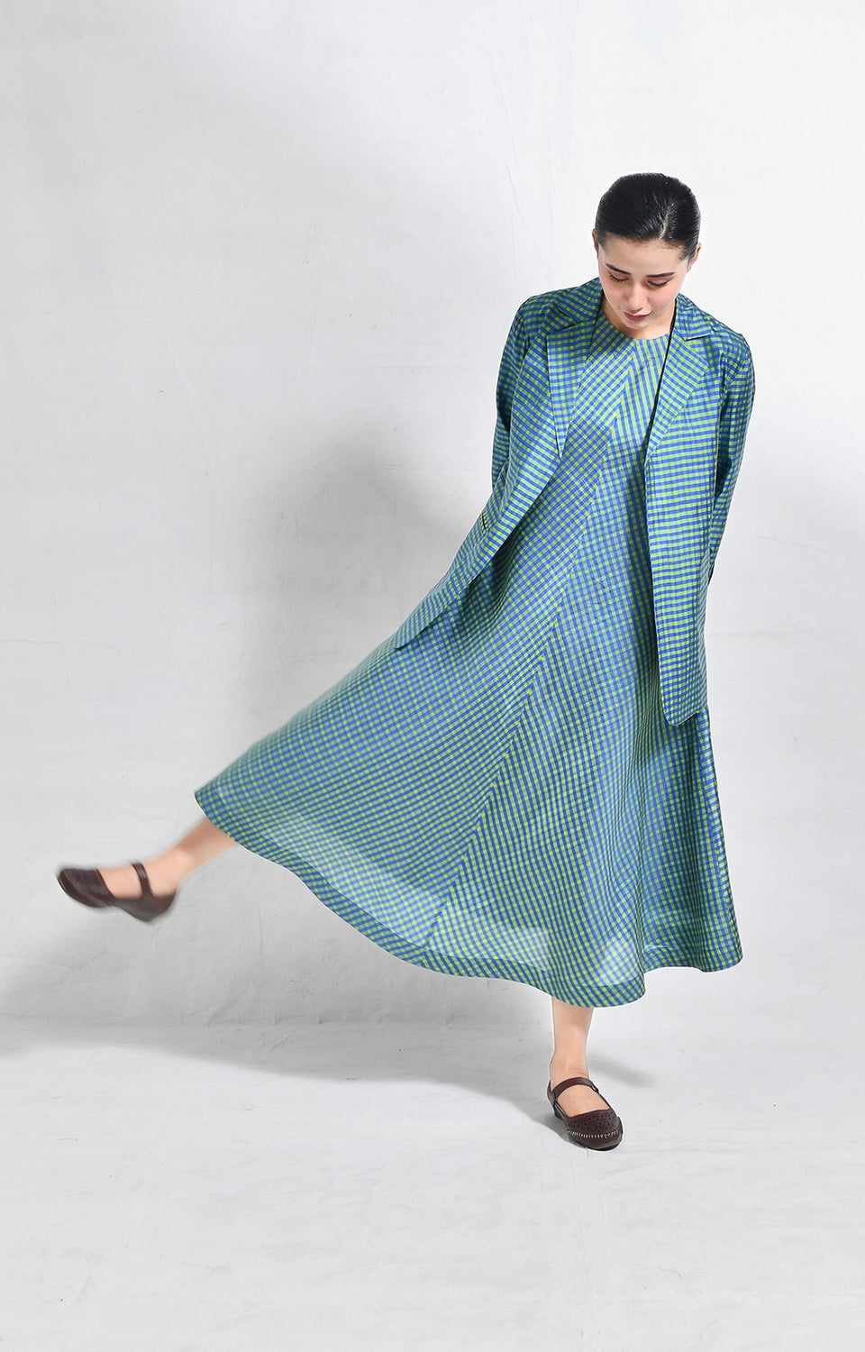 Bangalore silk checks blazer in blue and green with tailored fit