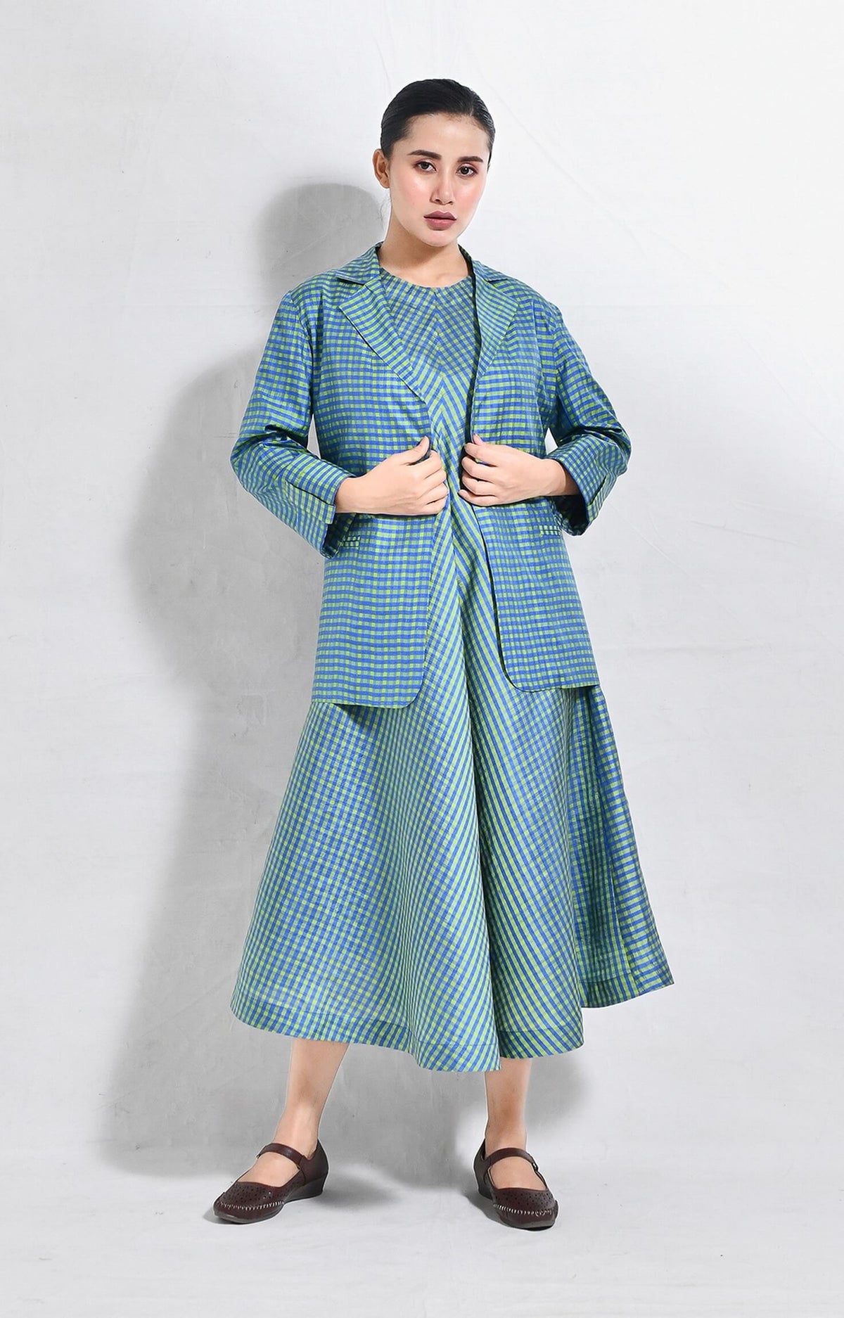 Bangalore silk checks blazer in blue and green with tailored fit