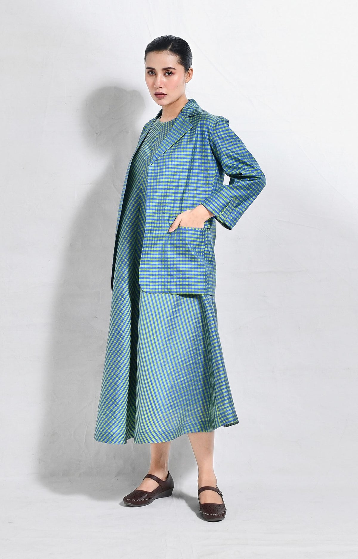Bangalore silk checks blazer in blue and green with tailored fit