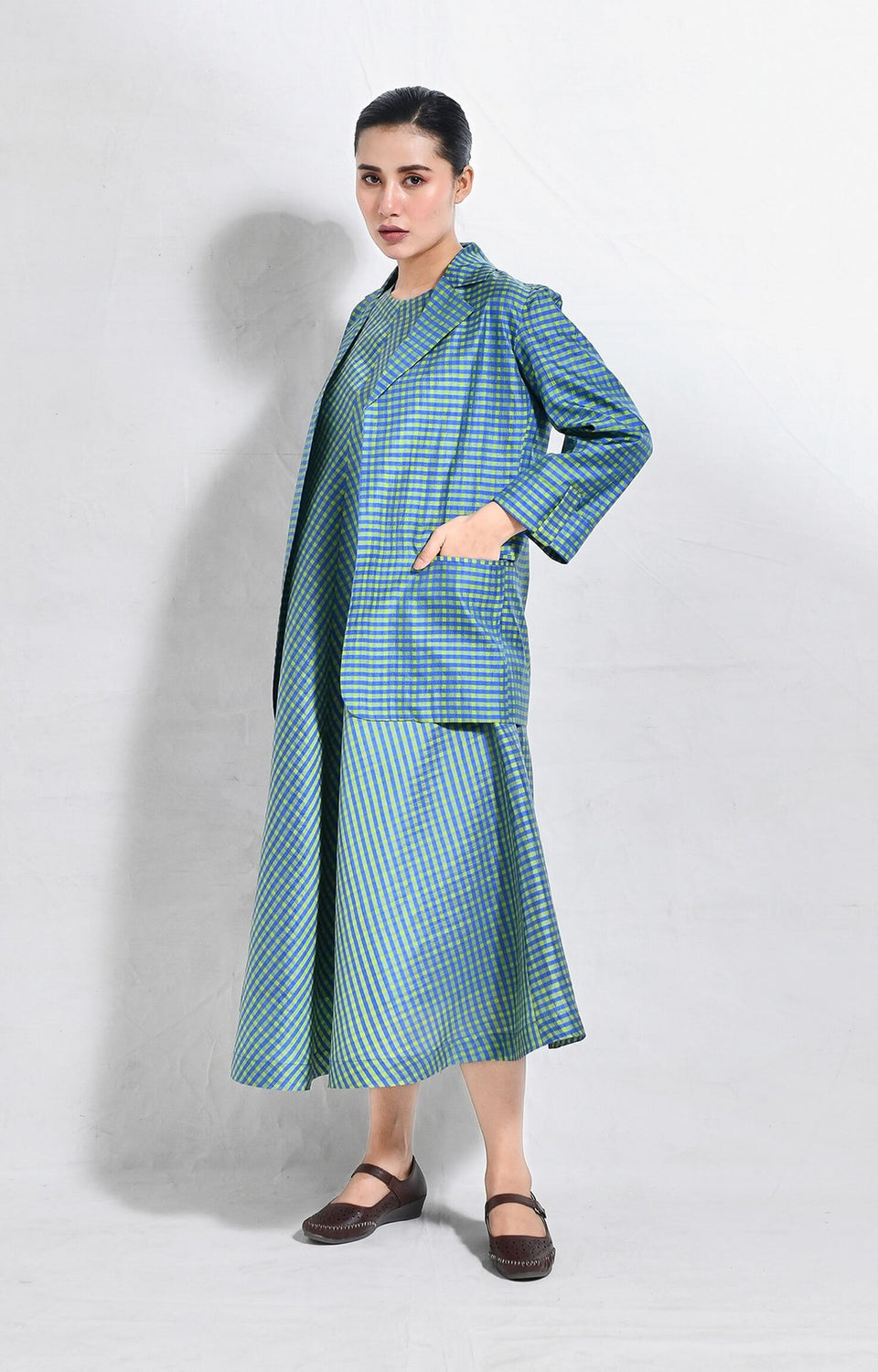 Bangalore silk checks blazer in blue and green with tailored fit