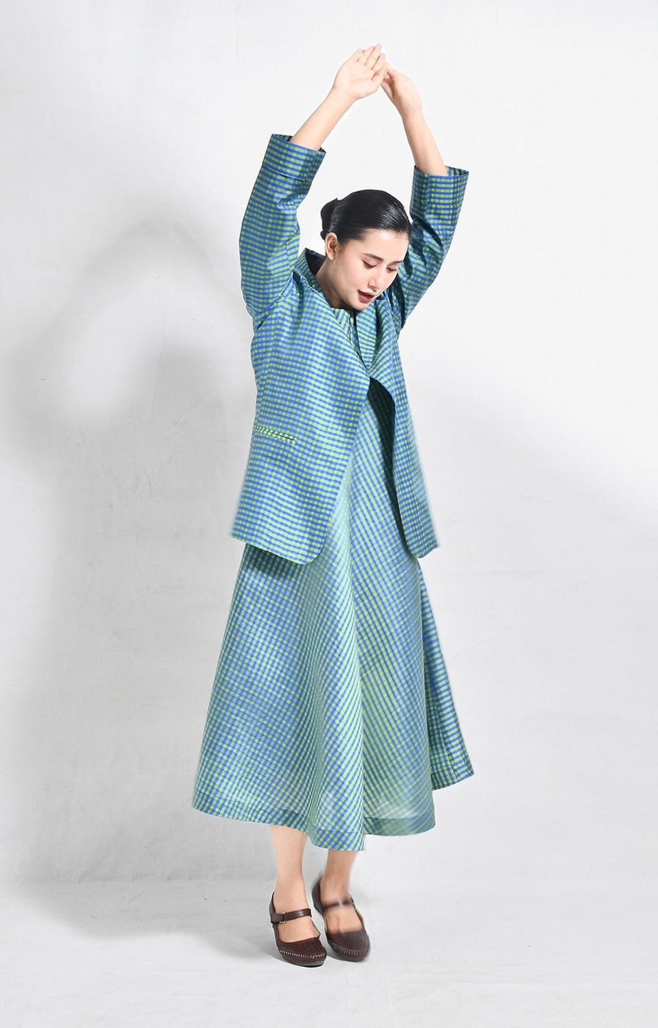 Bangalore silk checks blazer in blue and green with tailored fit