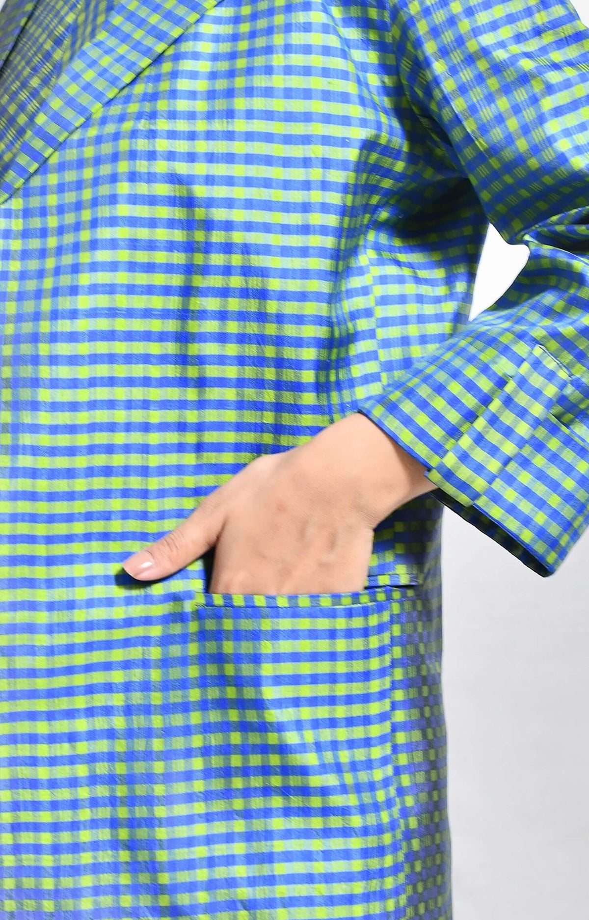 Bangalore silk checks blazer in blue and green with tailored fit