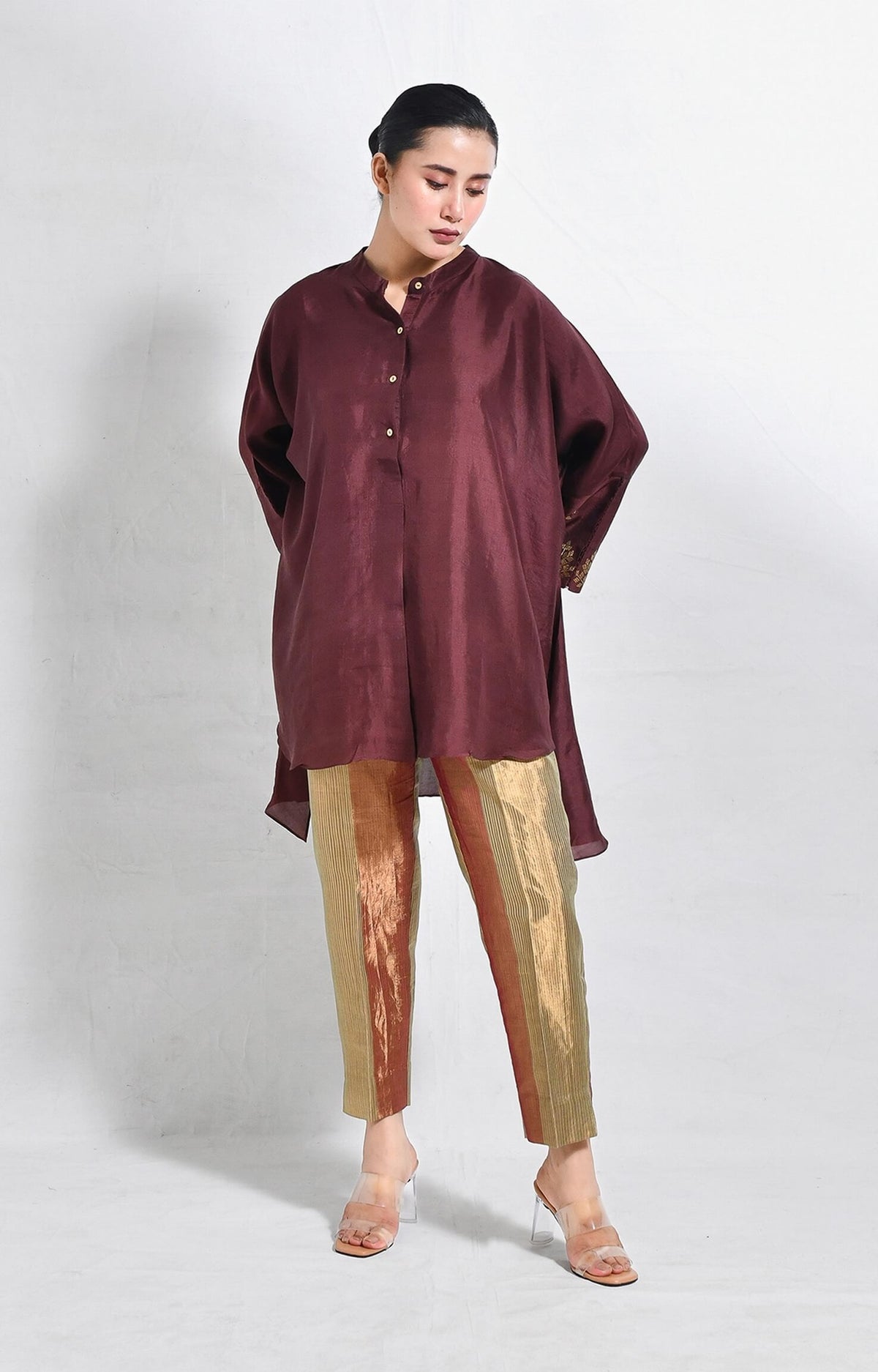 Mulberry silk kurta with embroidered cuffs and premium silk texture