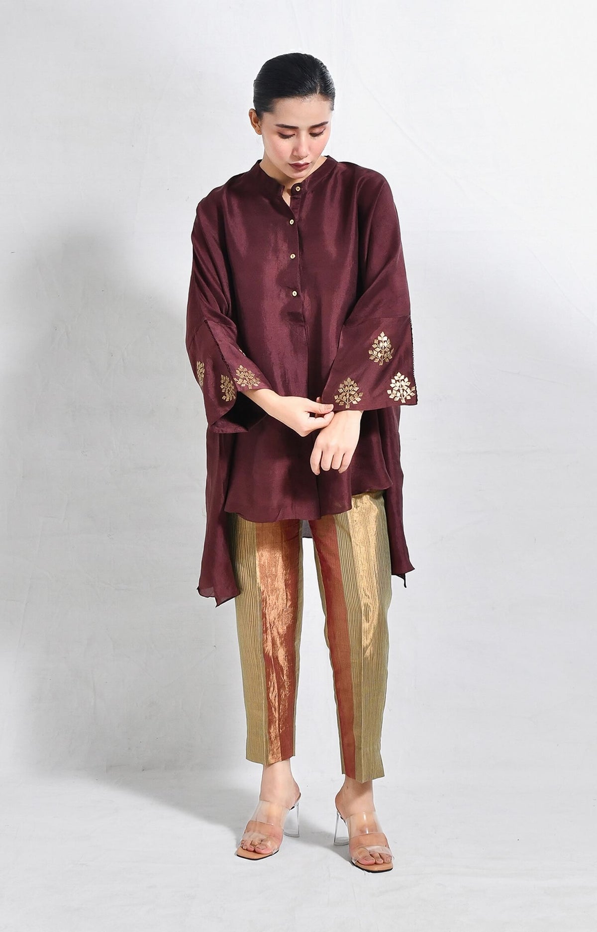 Mulberry silk kurta with embroidered cuffs and premium silk texture