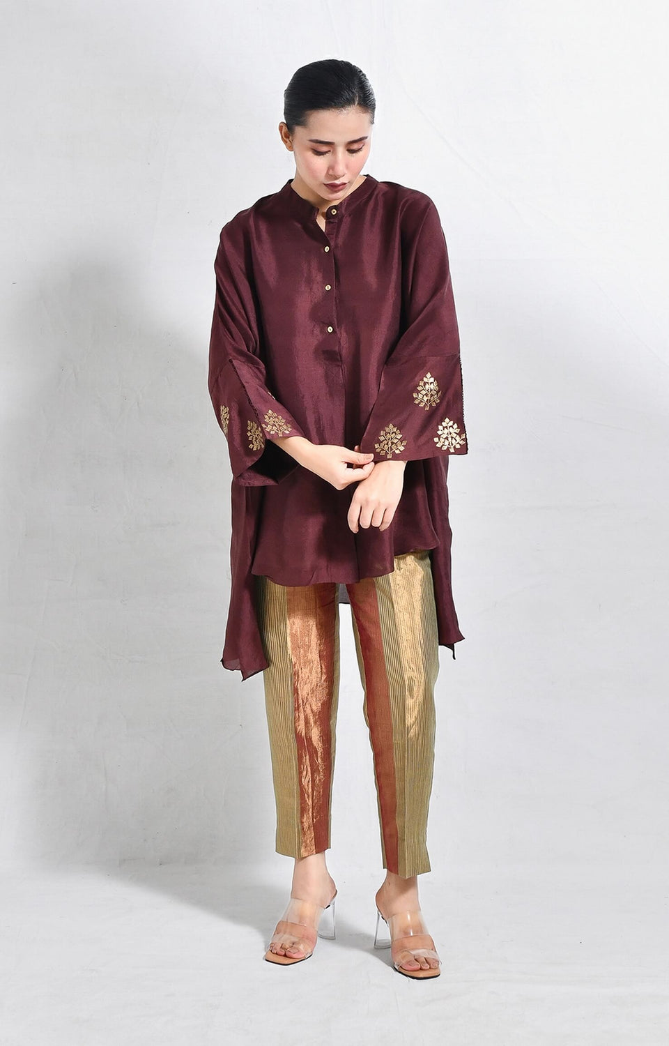 Mulberry silk kurta with embroidered cuffs and premium silk texture