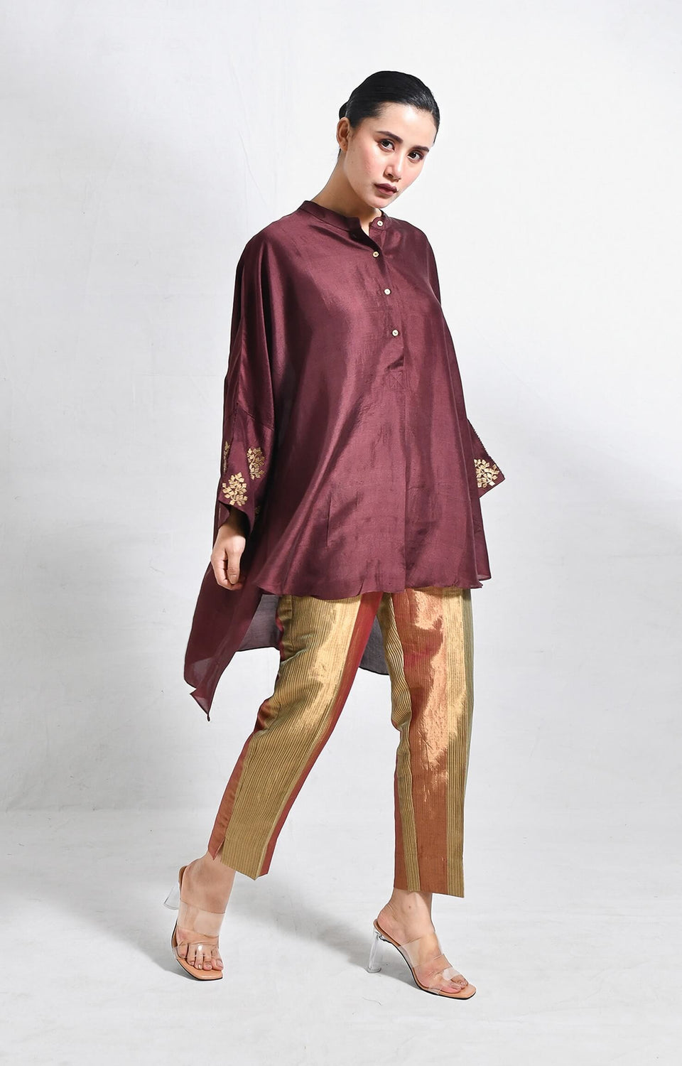 Mulberry silk kurta with embroidered cuffs and premium silk texture
