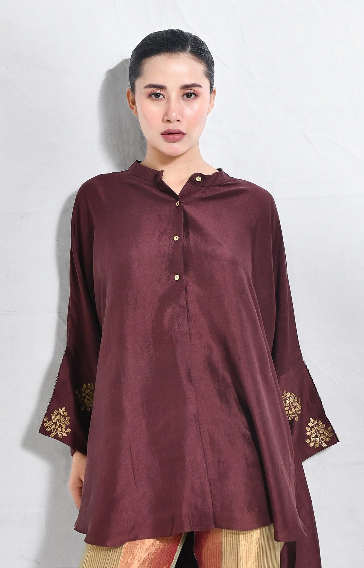 Mulberry silk kurta with embroidered cuffs and premium silk texture