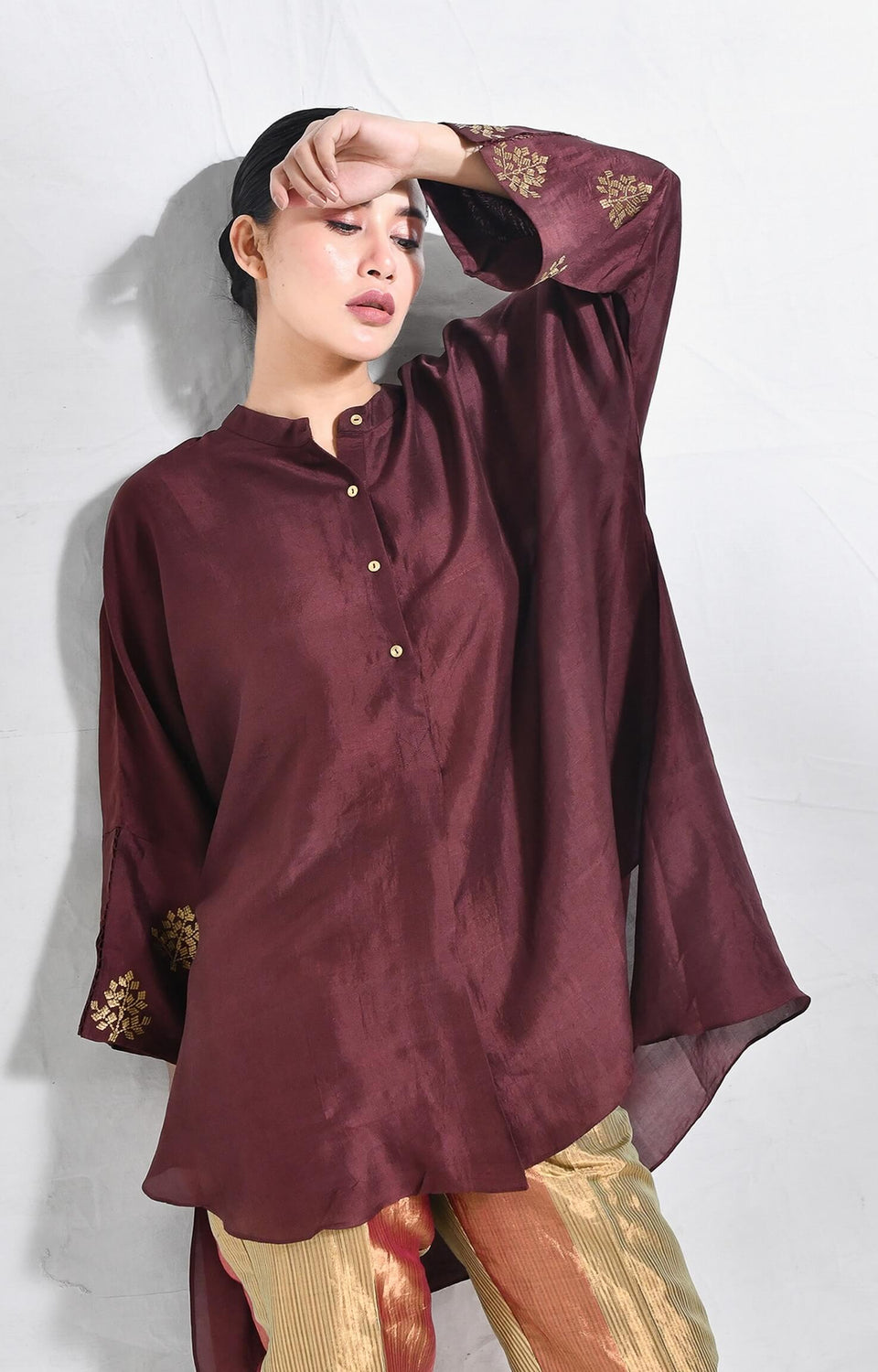 Mulberry silk kurta with embroidered cuffs and premium silk texture