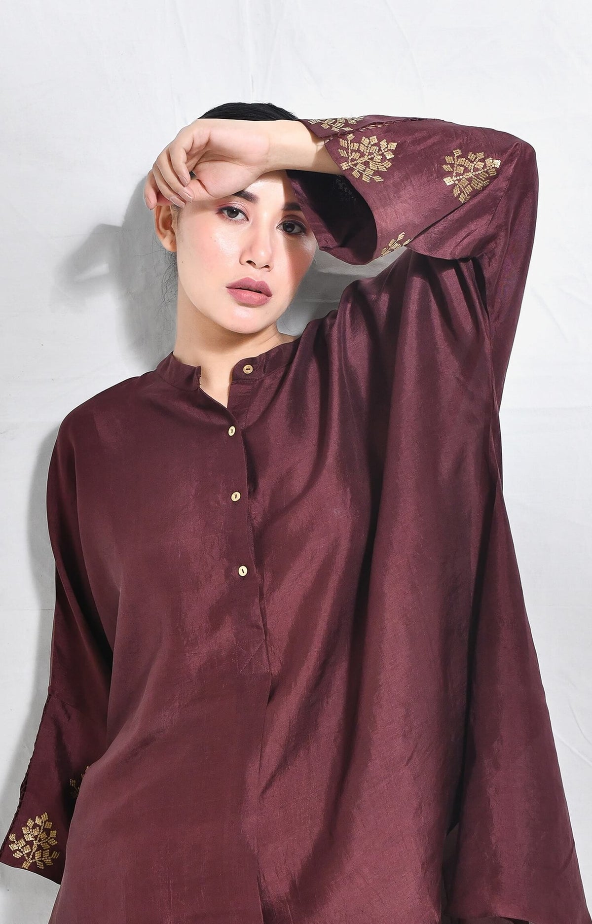 Mulberry silk kurta with embroidered cuffs and premium silk texture