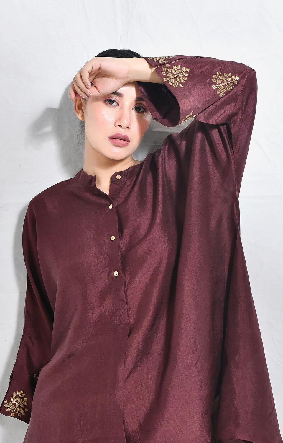 Mulberry silk kurta with embroidered cuffs and premium silk texture