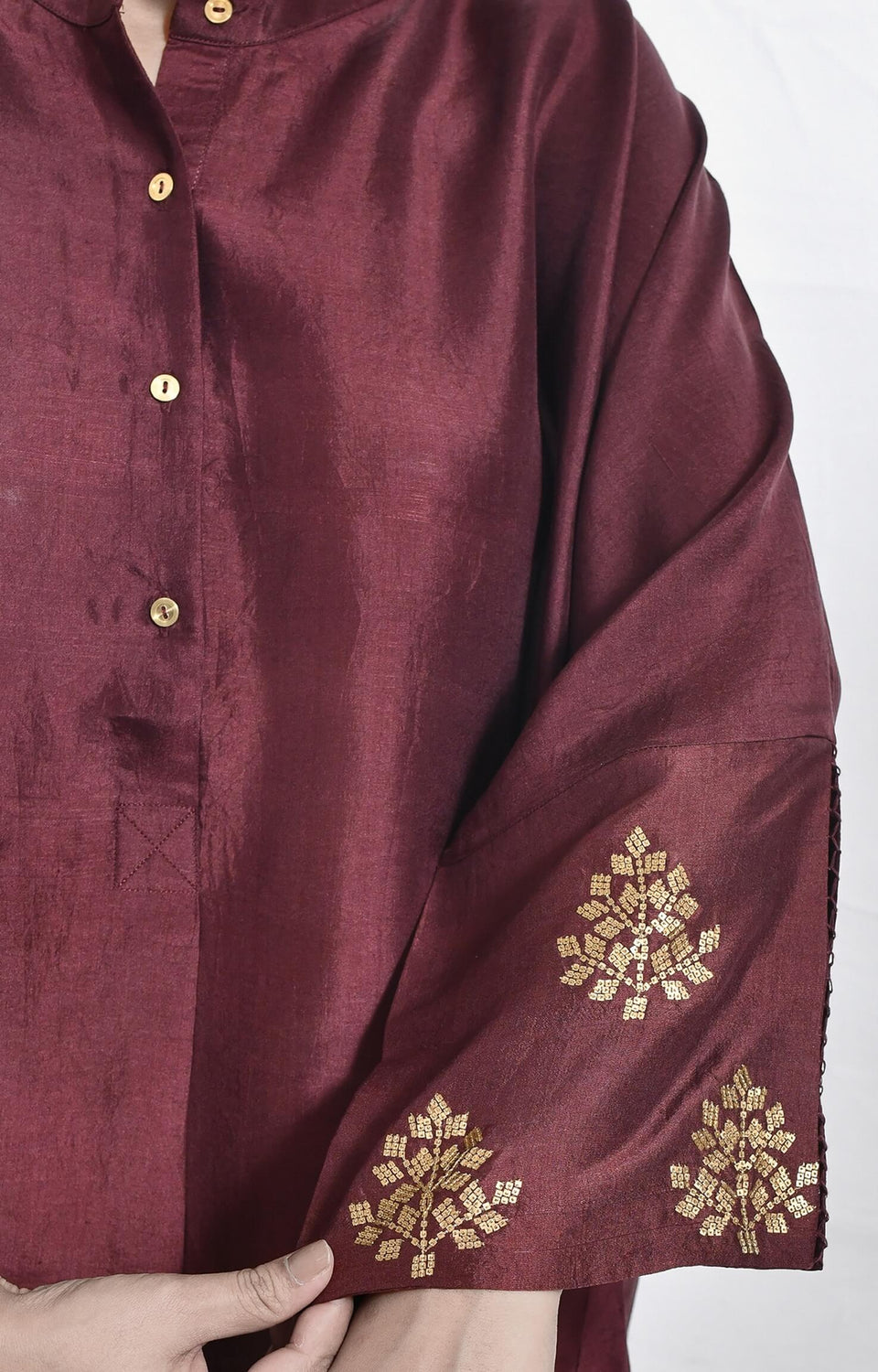Mulberry silk kurta with embroidered cuffs and premium silk texture