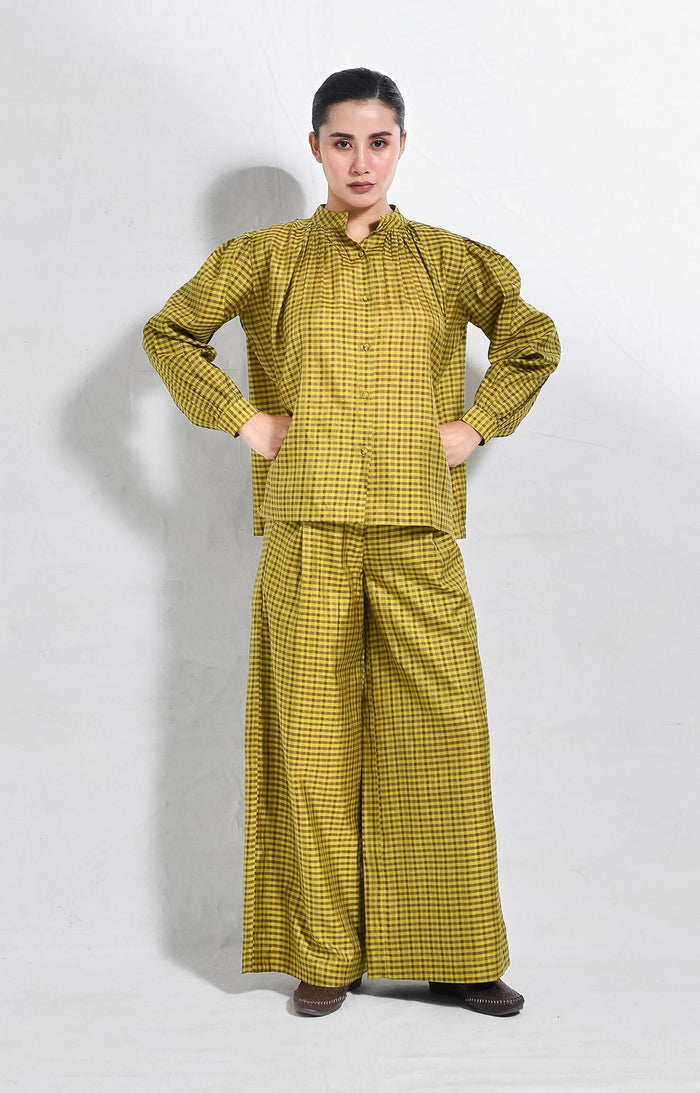Mustard Bangalore silk lounge co-ord set for women by Hiranya