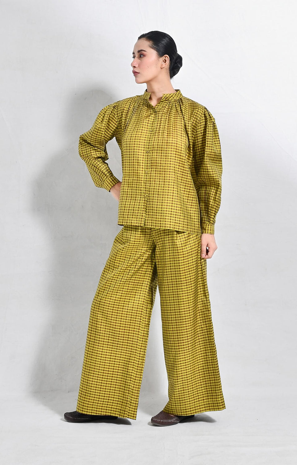 Mustard Bangalore silk lounge co-ord set for women by Hiranya
