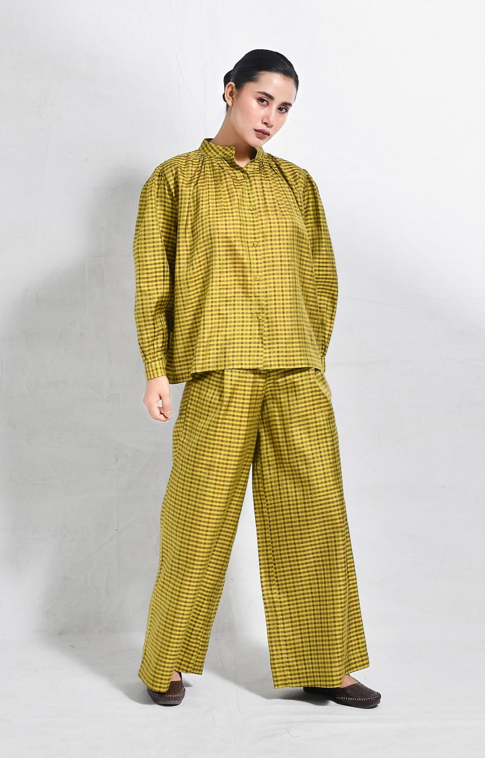 Mustard Bangalore silk lounge co-ord set for women by Hiranya