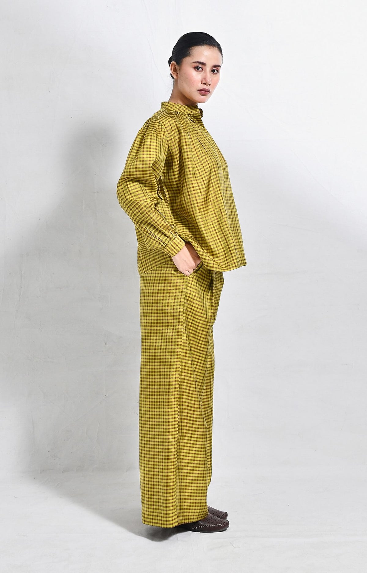 Mustard Bangalore silk lounge co-ord set for women by Hiranya