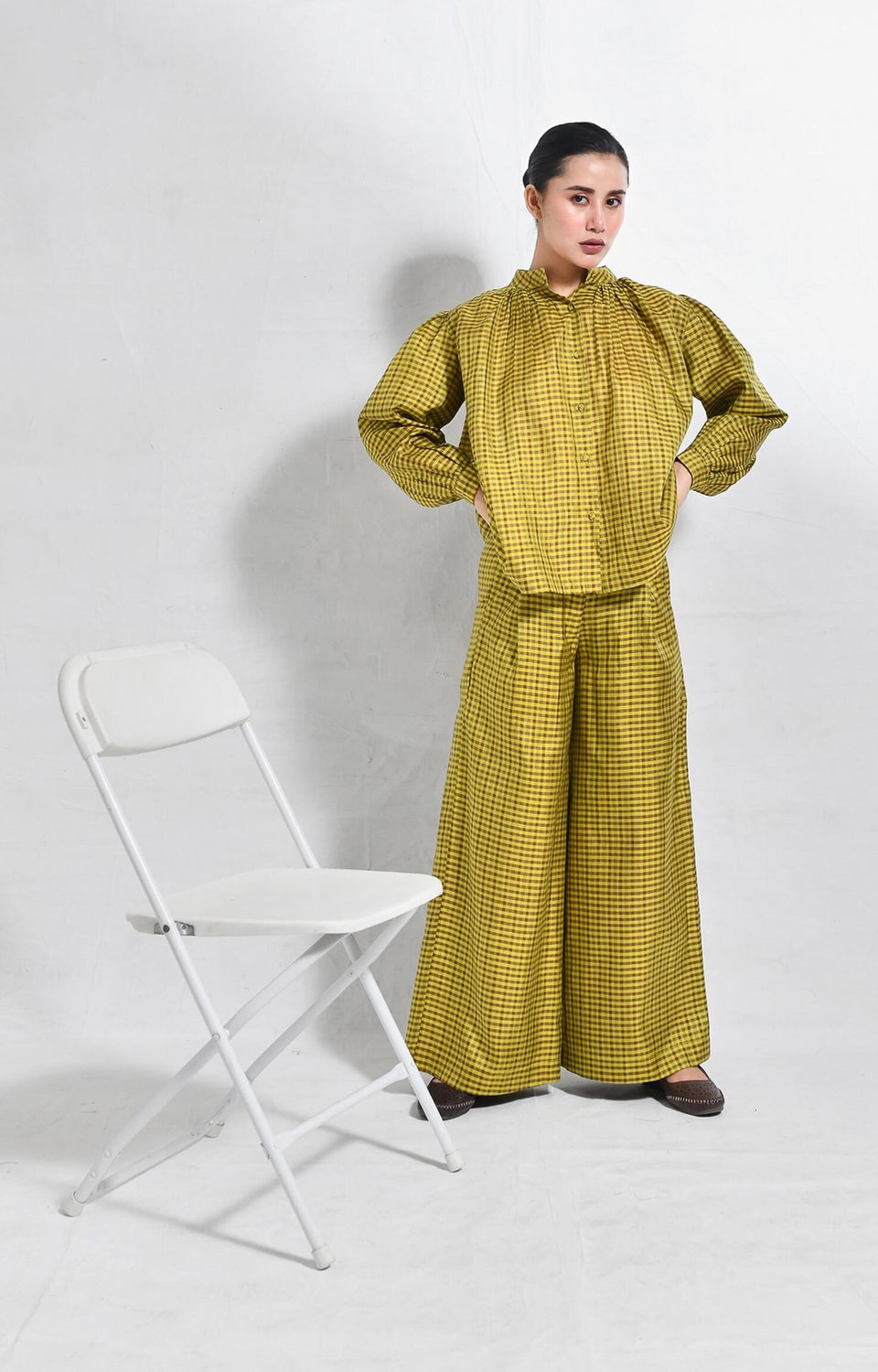 Mustard Bangalore silk lounge co-ord set for women by Hiranya