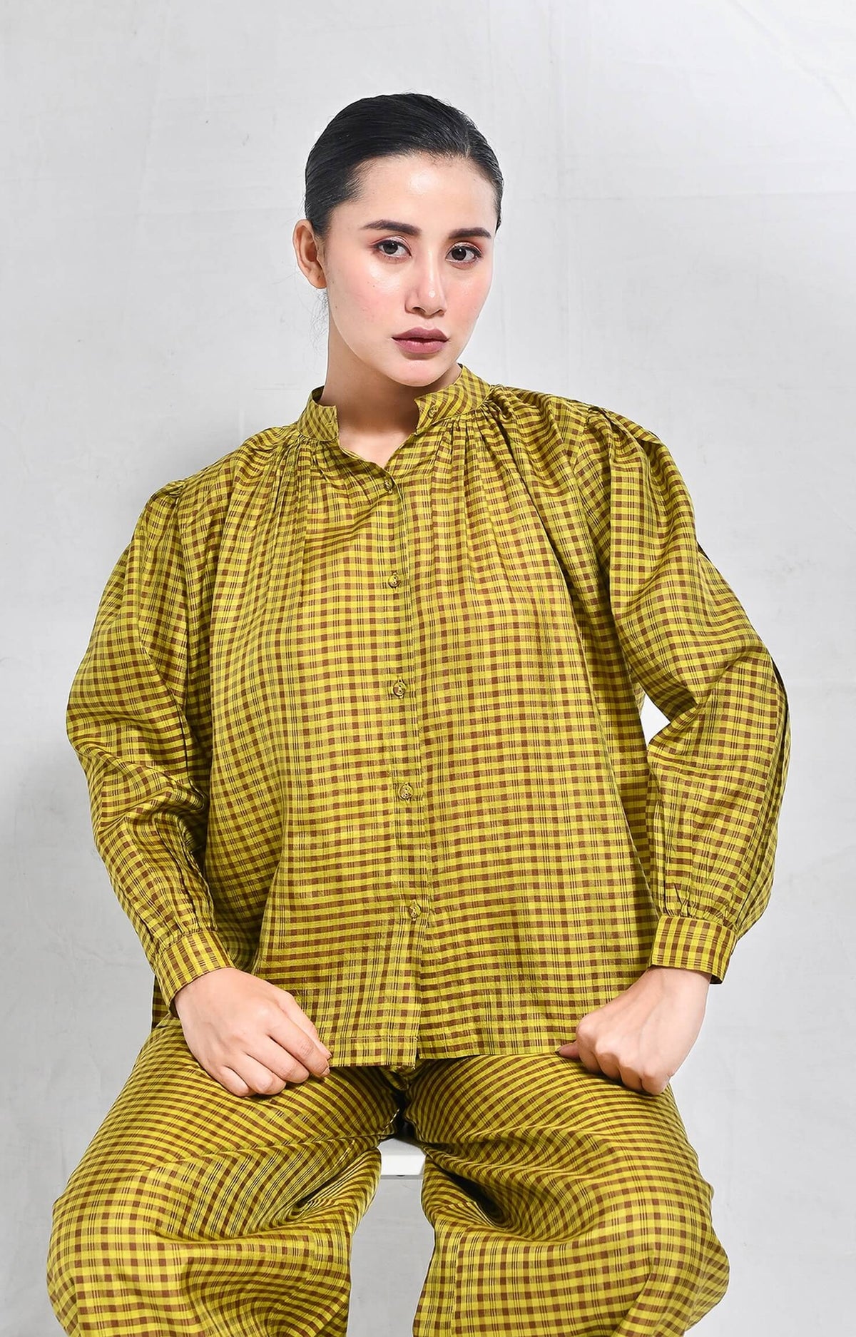 Mustard Bangalore silk lounge co-ord set for women by Hiranya