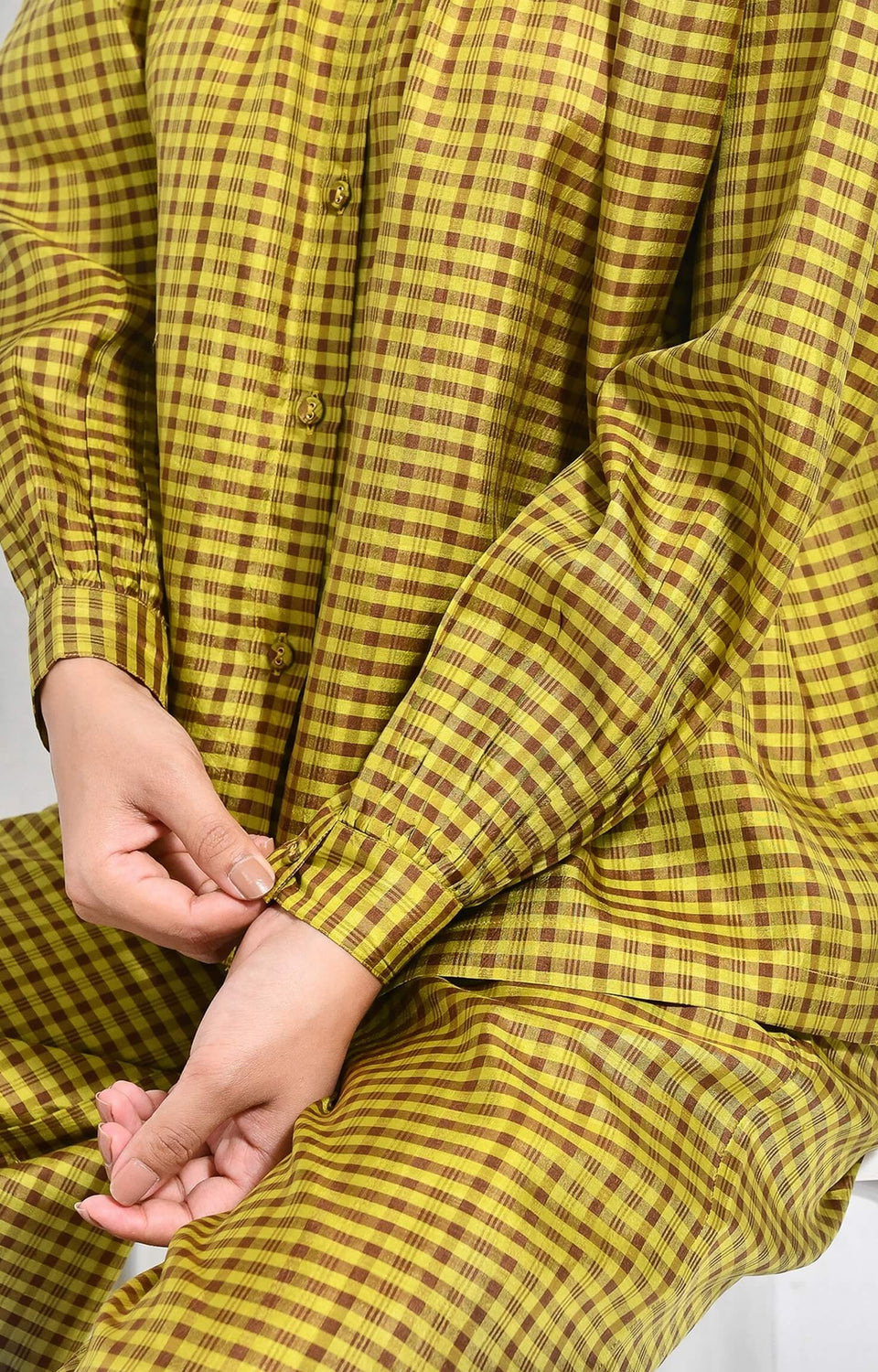 Mustard Bangalore silk lounge co-ord set for women by Hiranya