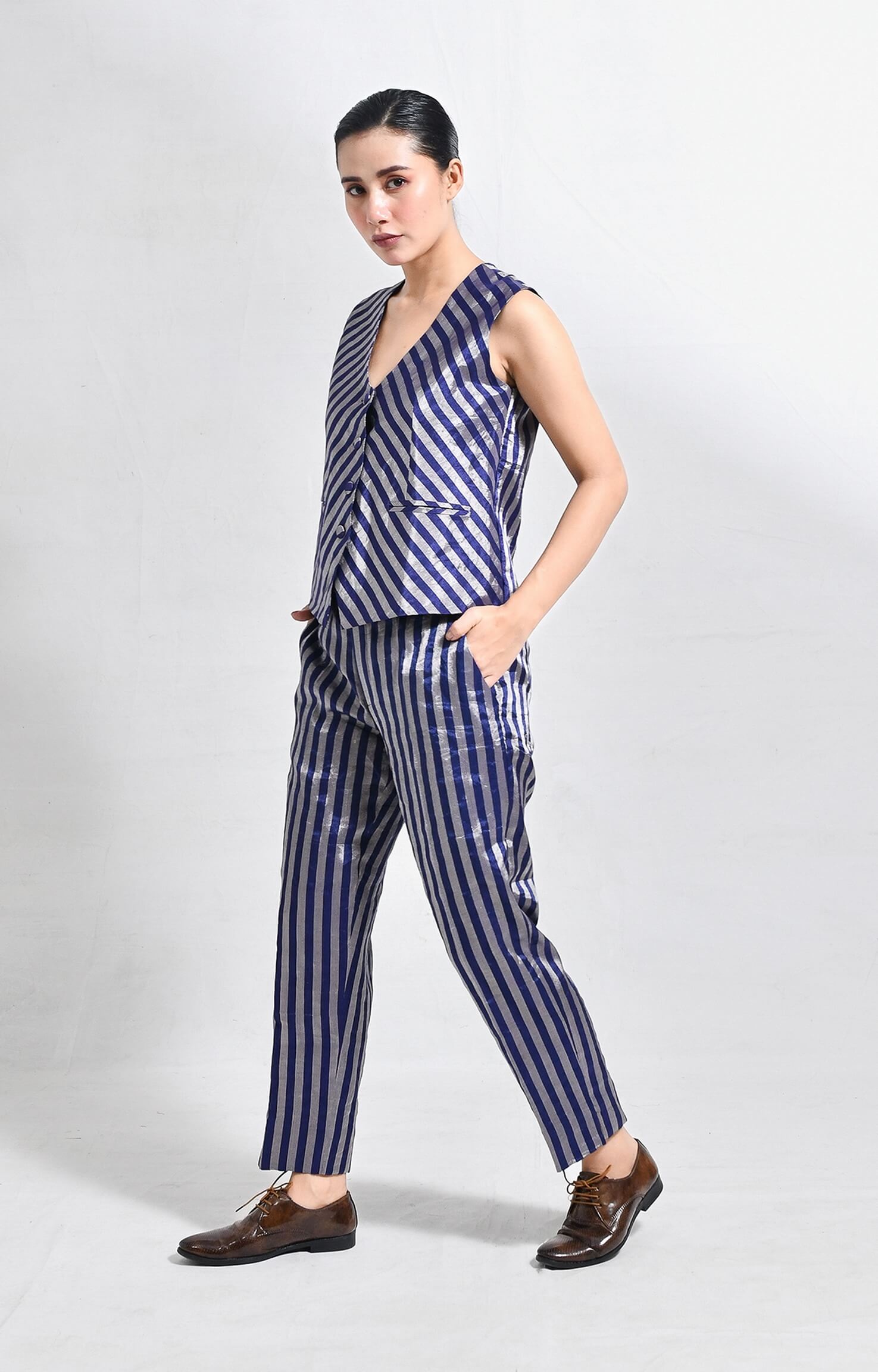 Navy blue striped tissue waistcoat co-ord - striped co-ord set