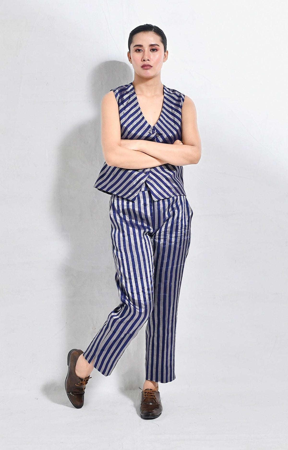 Navy blue striped tissue waistcoat co-ord - striped co-ord set