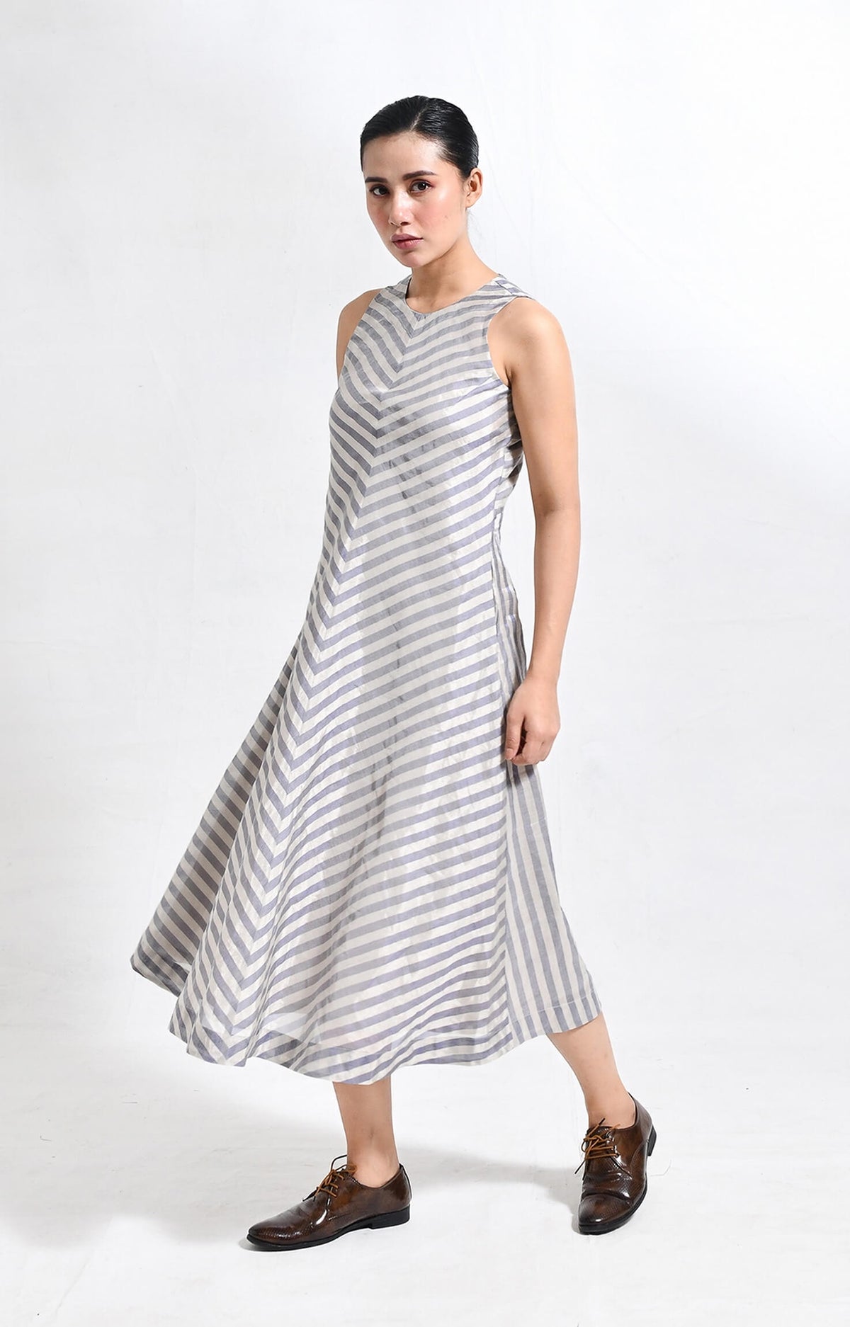 Silver blue pinstriped tissue sleeveless A-line midi dress