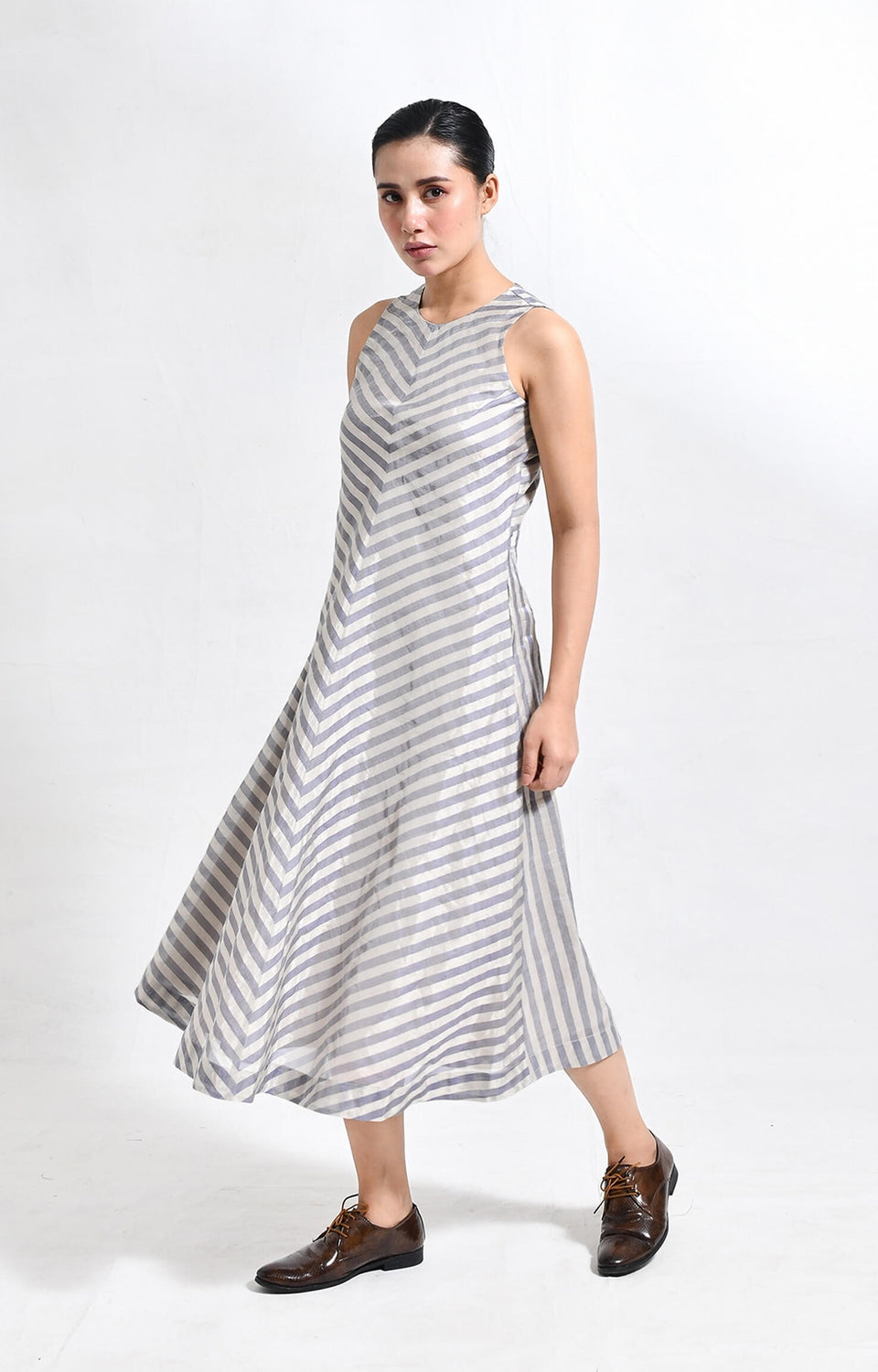 Silver blue pinstriped tissue sleeveless A-line midi dress