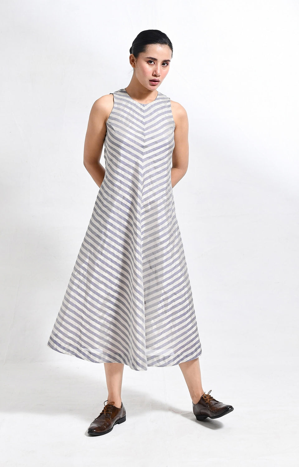 Silver blue pinstriped tissue sleeveless A-line midi dress
