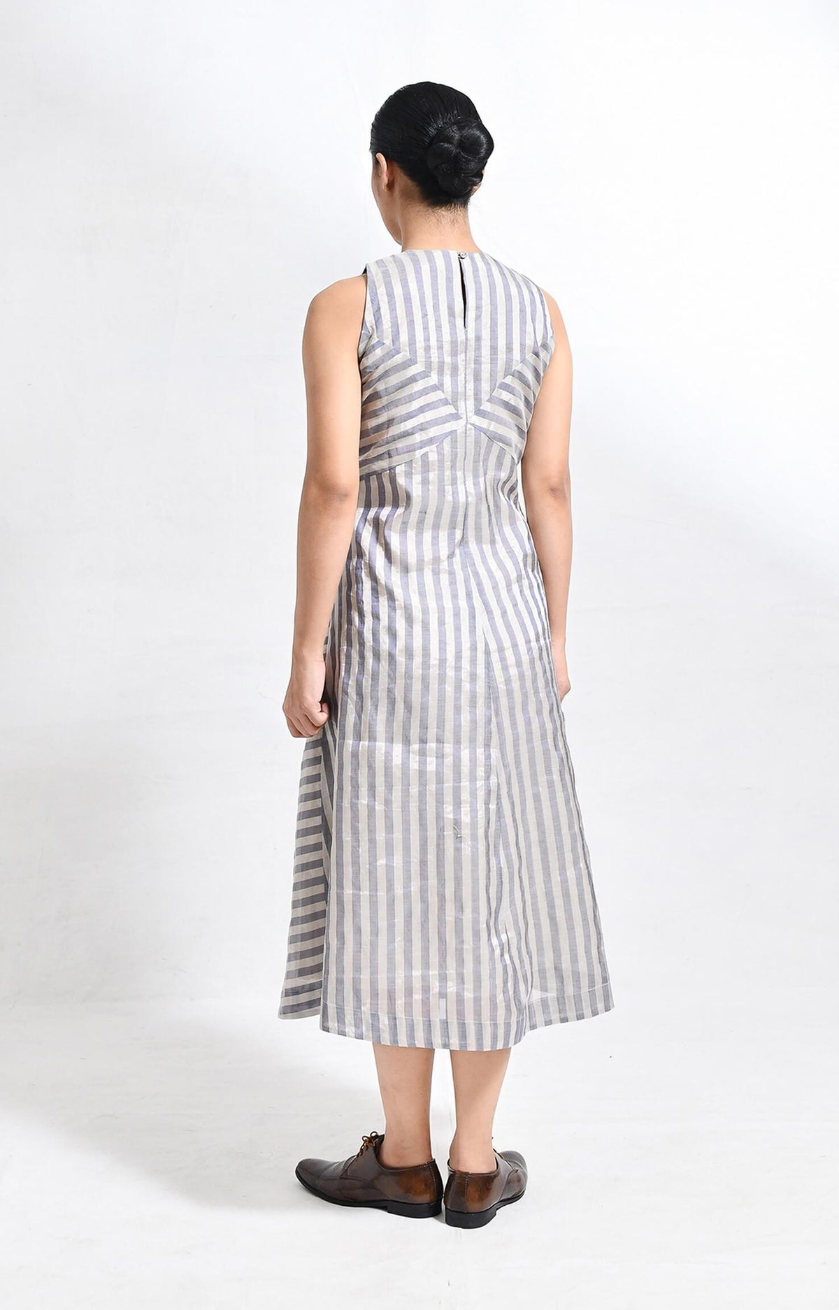 Silver blue pinstriped tissue sleeveless A-line midi dress