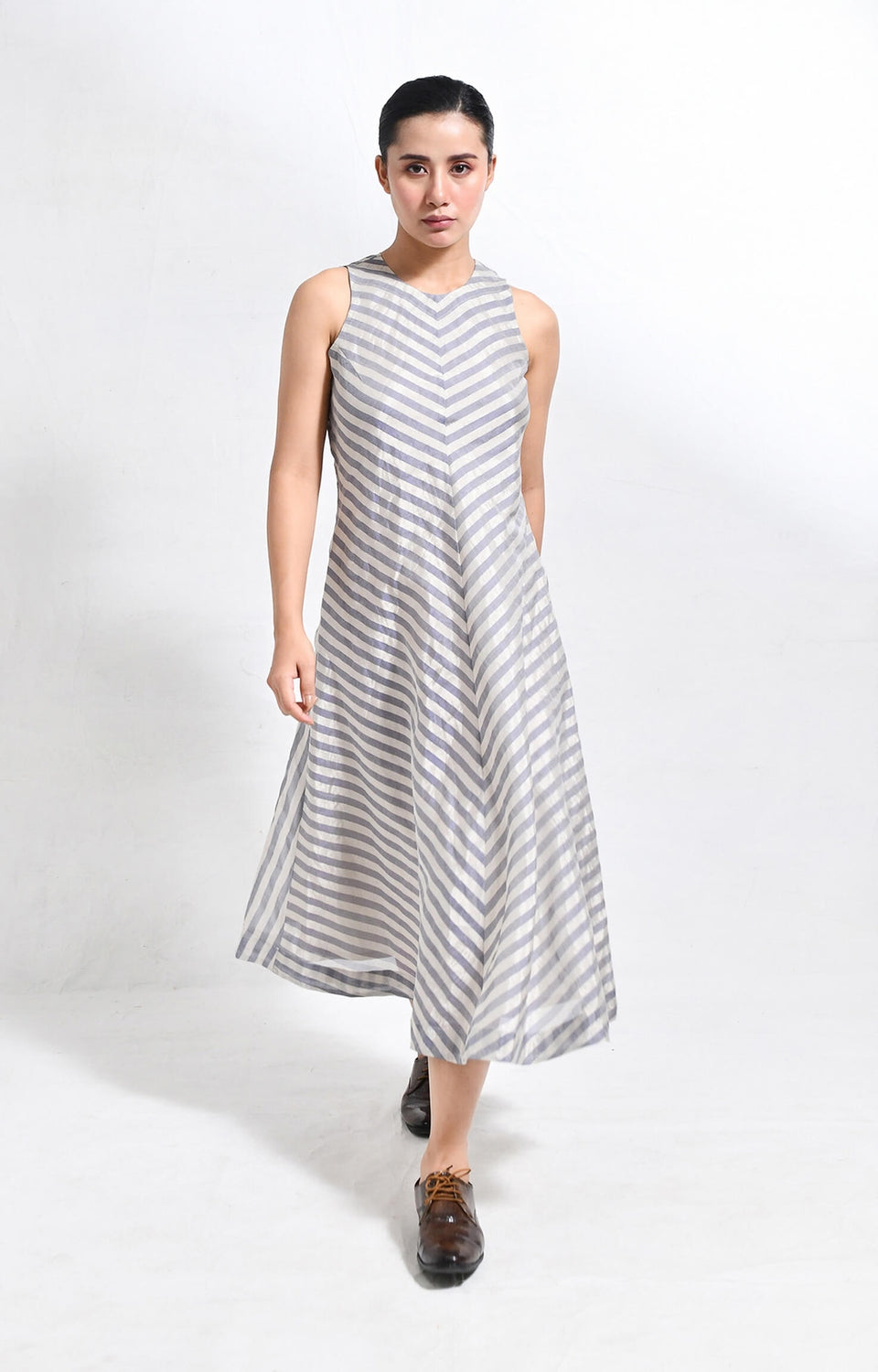 Silver blue pinstriped tissue sleeveless A-line midi dress
