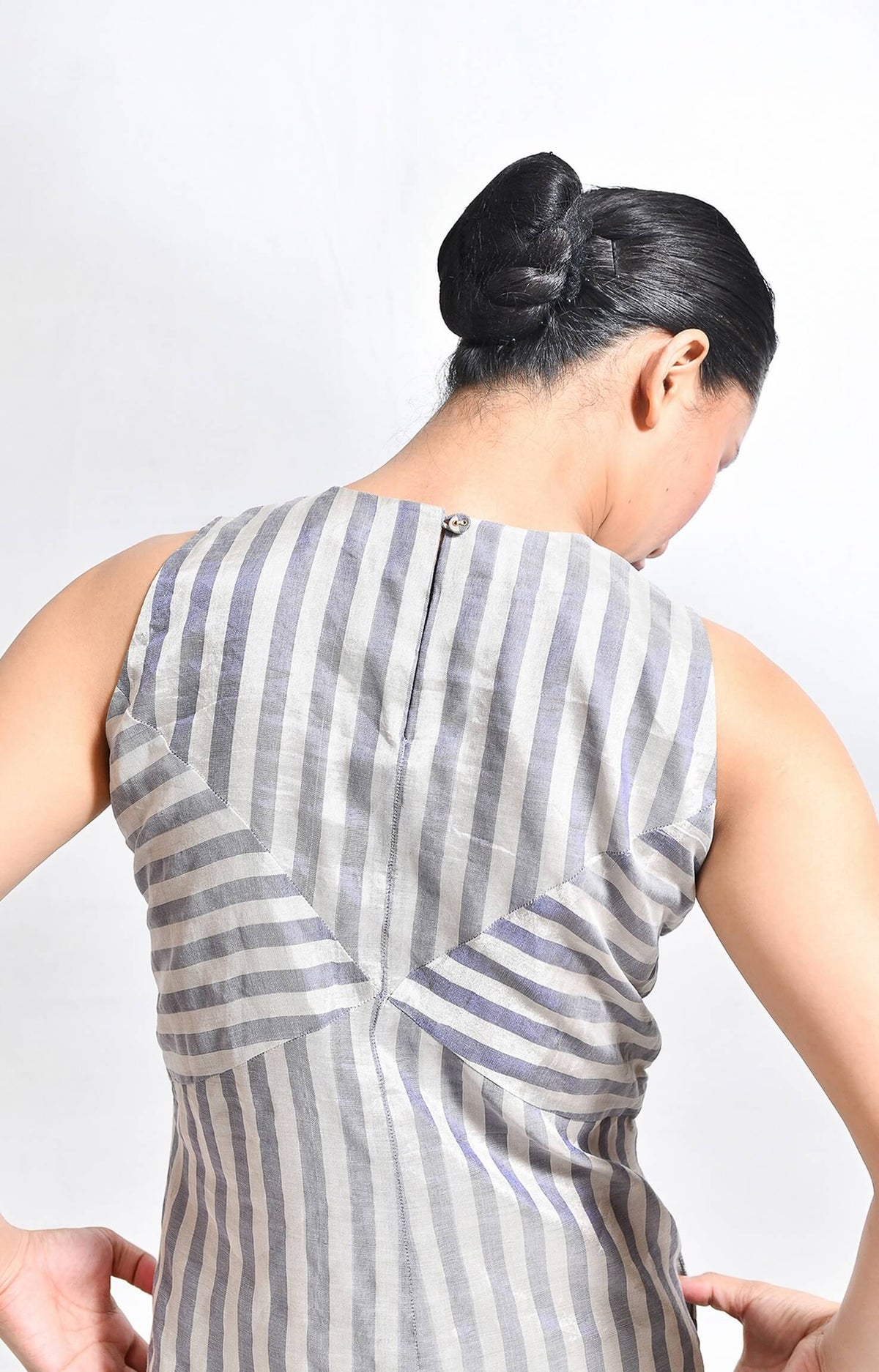 Silver blue pinstriped tissue sleeveless A-line midi dress