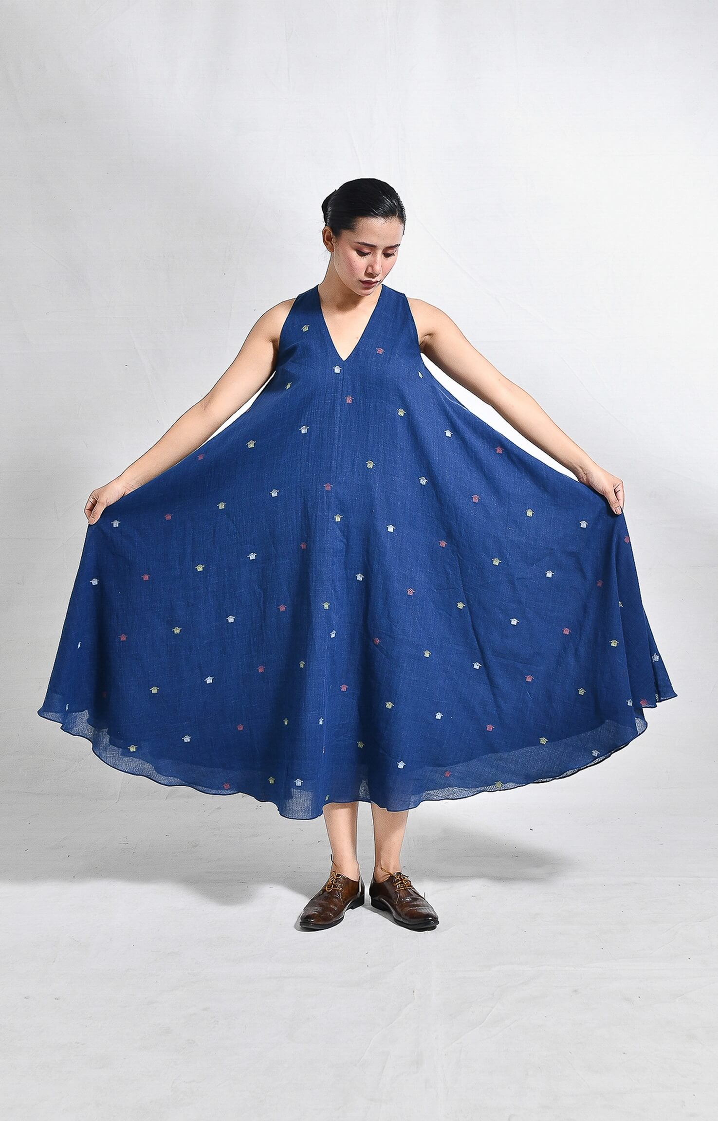 Indigo khadi jamdani ureb dress - handloom dress for women