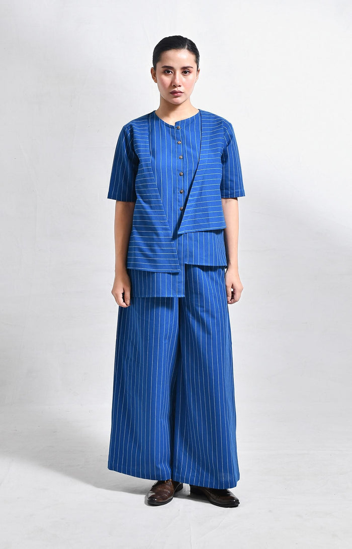 Striped blue cotton asymmetrical kurta with wide-leg pants set of 2