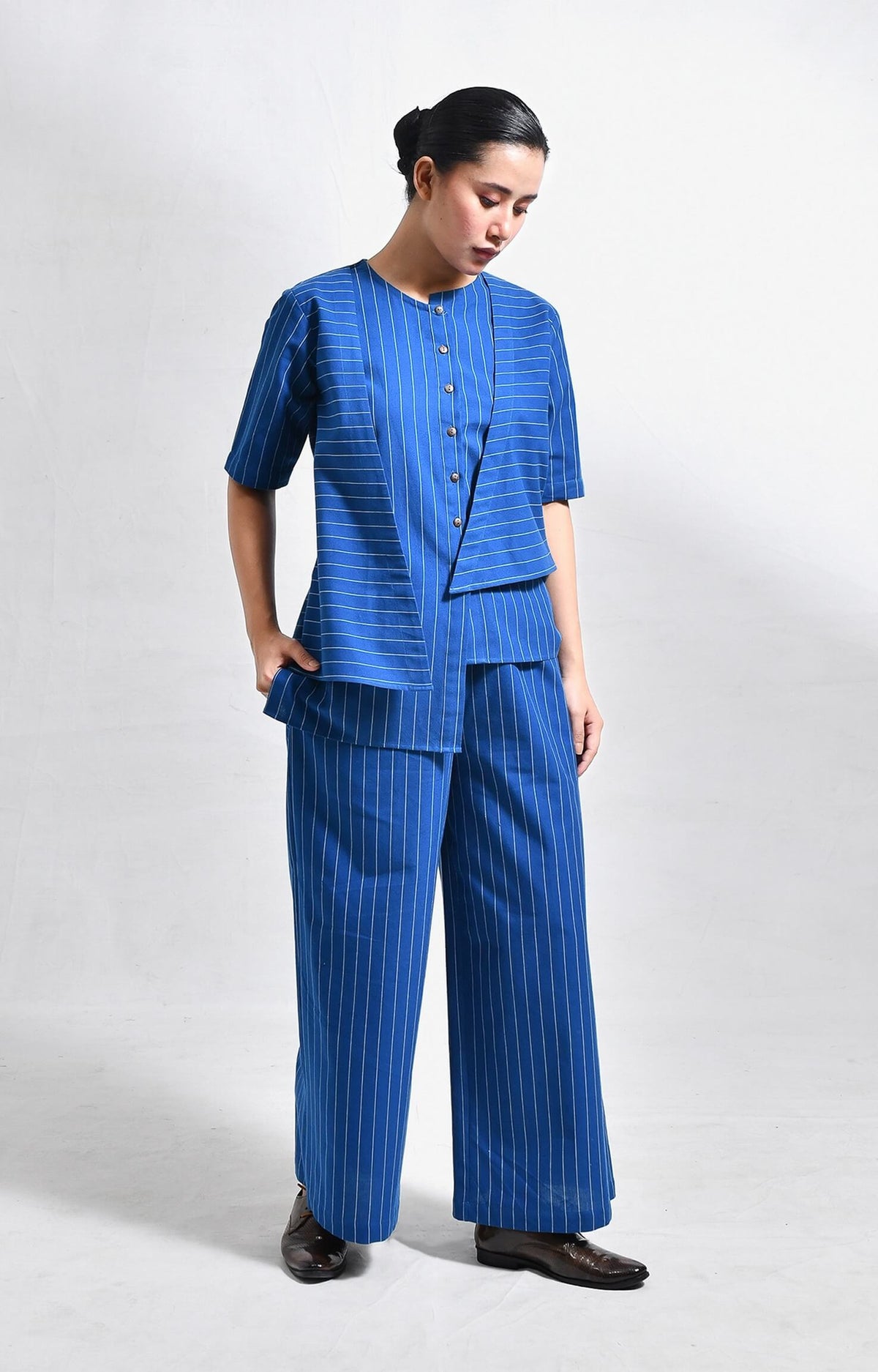 Striped blue cotton asymmetrical kurta with wide-leg pants set of 2