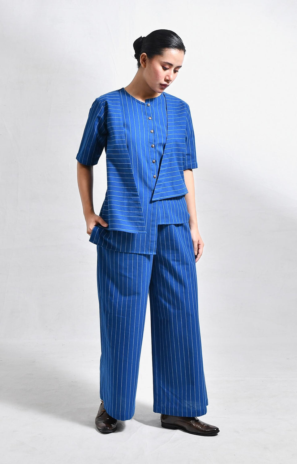 Striped blue cotton asymmetrical kurta with wide-leg pants set of 2