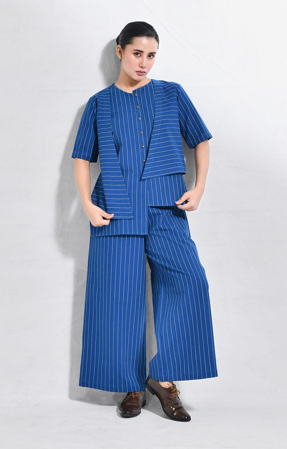 Striped blue cotton asymmetrical kurta with wide-leg pants set of 2